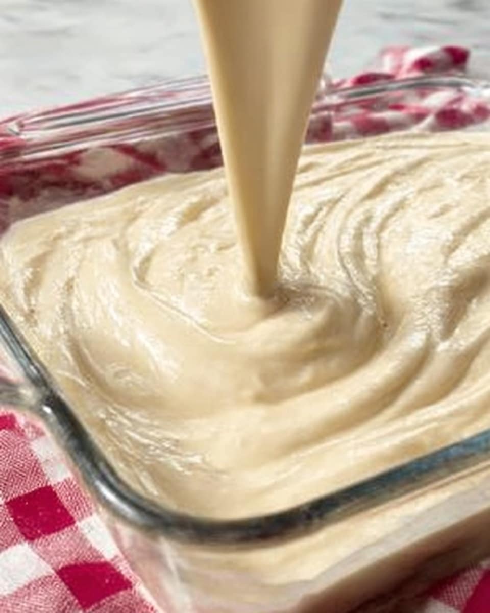 The image shows a clear glass baking dish filled with smooth, creamy batter, which has a light beige color and glossy texture. The batter is being poured in a thick, steady stream from above, forming soft waves and folds as it spreads evenly across the dish. The baking dish is placed on a white marbled surface with a red and white checkered cloth nearby. The photo shows close details of the batter’s silky texture and creamy thickness. photo taken with an iphone --ar 4:5 --v 7
