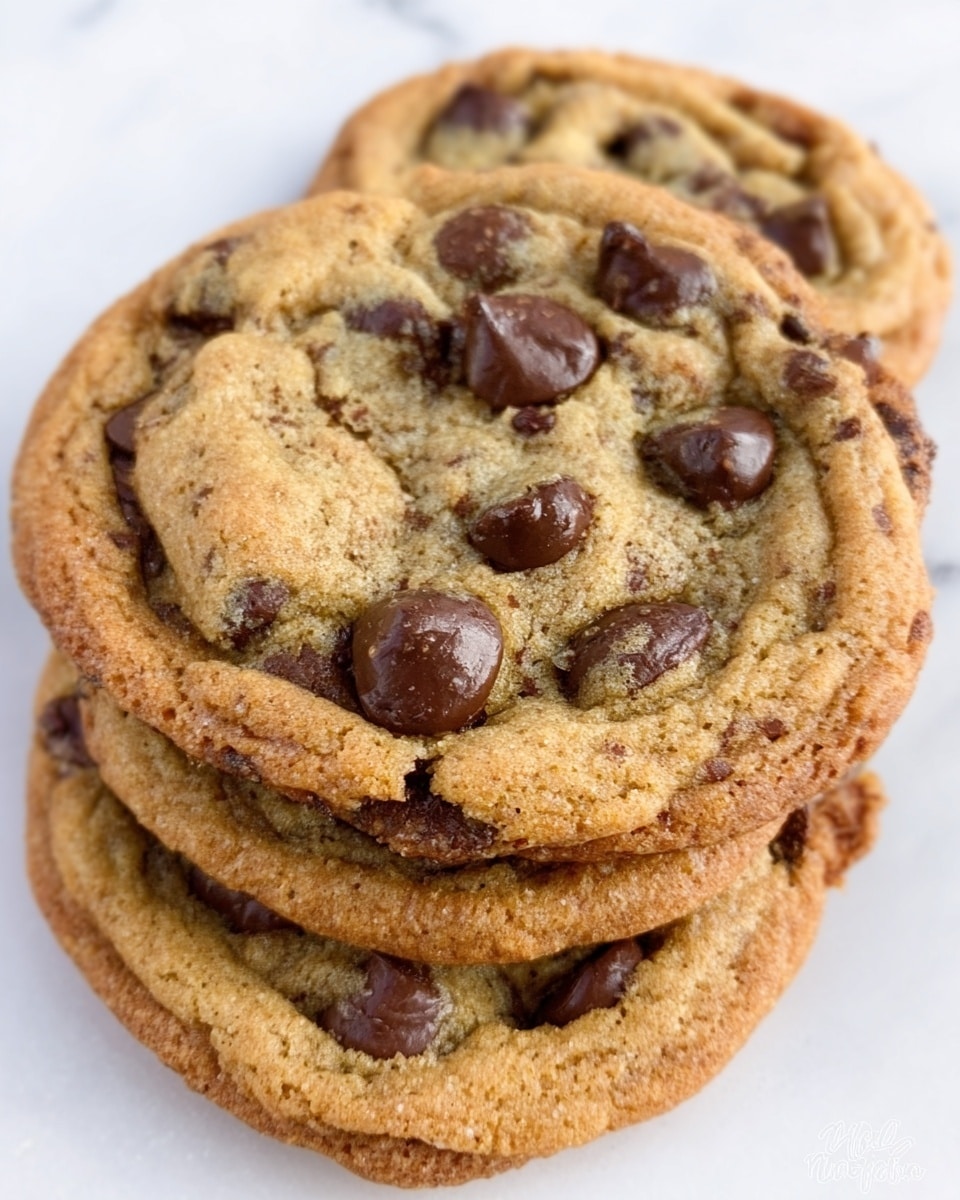 The image shows a close-up view of a stack of three chocolate chip cookies placed on a white marbled surface. Each cookie is golden brown with slightly cracked tops, revealing a soft and chewy texture inside. The cookie on top clearly shows large, dark brown chocolate chips embedded unevenly throughout the dough. The edges are slightly darker and crispier, while the center appears softer and more textured. The cookies are round with rough edges, and the stack is slightly tilted to reveal the layers below. photo taken with an iphone --ar 4:5 --v 7