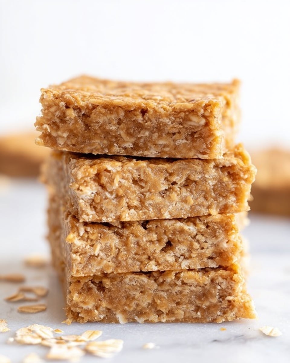 A close-up image of a stack of four thick oat bars with a rough, crumbly texture, showing visible oats and a light golden-brown color. Each bar layer looks soft but firm, with slightly uneven edges and a coarse surface that reveals the oats inside. The stack is placed on a white marbled surface, with a few loose oat pieces scattered around. The background is bright and softly blurred. Photo taken with an iphone --ar 4:5 --v 7