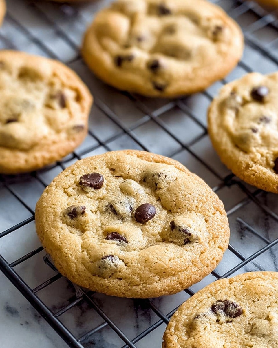 The image shows golden brown chocolate chip cookies resting on a wire rack. Each cookie is round with slightly uneven edges, featuring a soft, bumpy texture with visible dark chocolate chips embedded throughout the surface. The wire rack has a grid pattern and is placed on a white marbled texture. The focus is on one cookie in the front that is centered and sharp, while the other cookies in the background are softly blurred. photo taken with an iphone --ar 4:5 --v 7