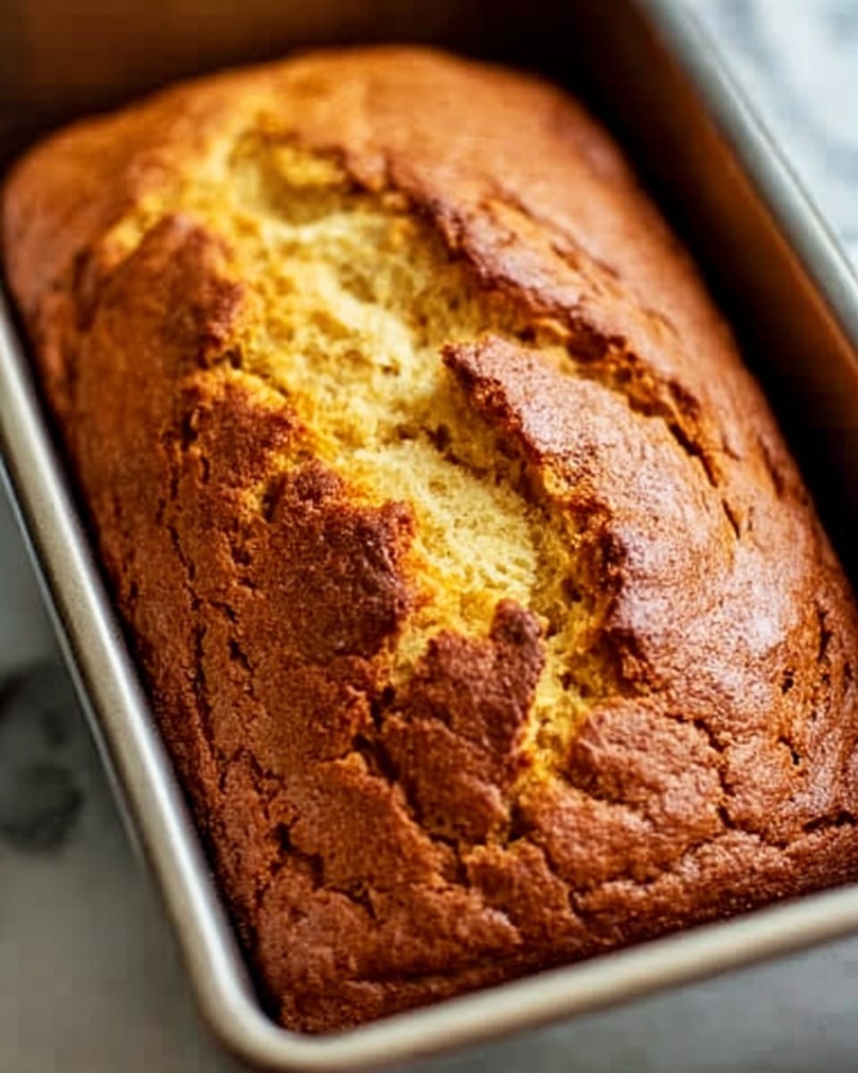 A close-up image of a freshly baked loaf of bread in a metal baking pan, showing a cracked, golden-brown top crust with rough texture. The loaf is rectangular, with a split running down the middle, revealing a soft and moist inner crumb that is light yellowish-white. The metal pan has a shiny, smooth surface reflecting light. The background is a white marbled texture. Photo taken with an iphone --ar 4:5 --v 7