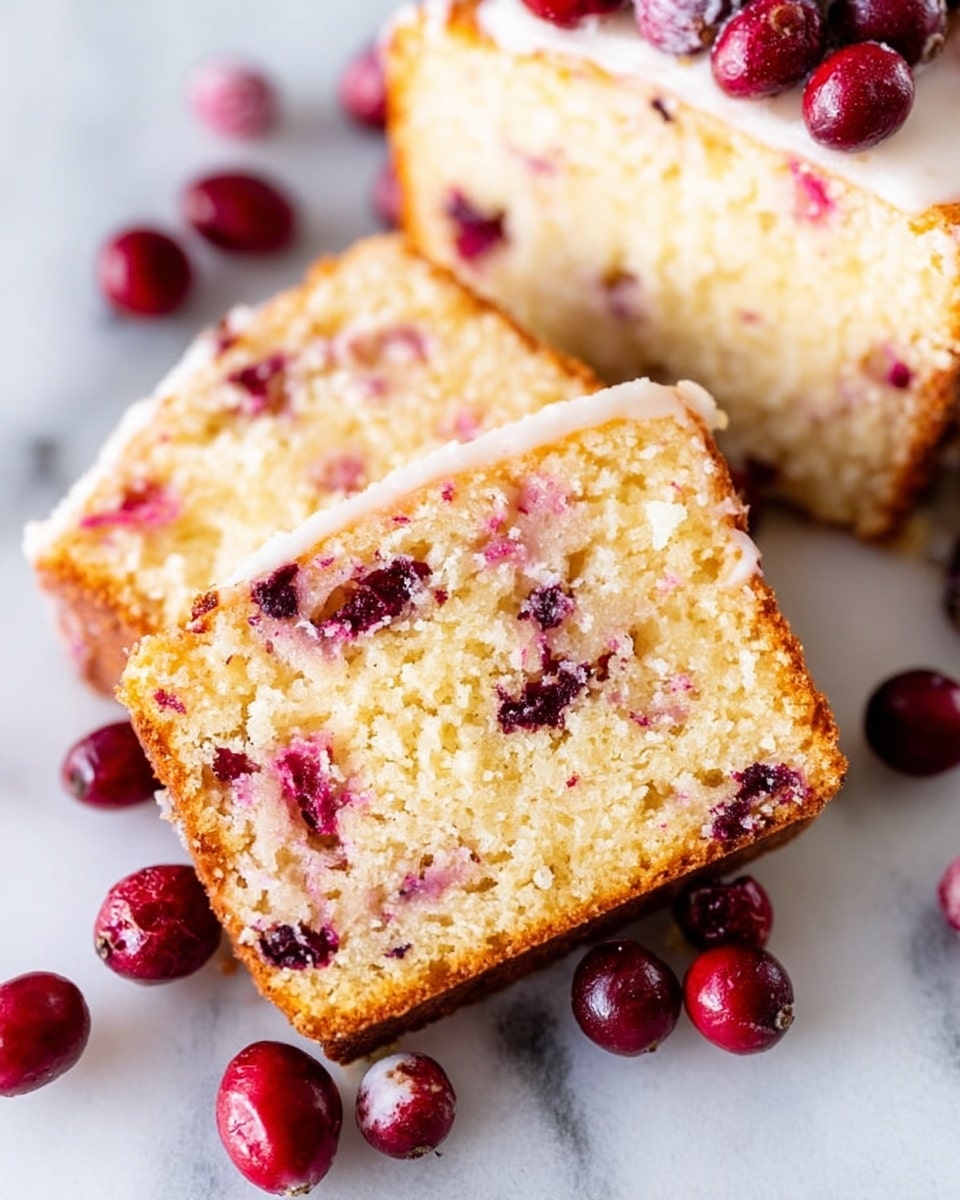 Two slices of light golden cake with a soft, crumbly texture are shown on a white marbled surface. The cake has a slightly crispy crust on the edges and is filled with scattered bright red and dark purple cranberries inside. Fresh cranberries are placed around the cake slices, adding a fresh pop of color. The top of the closest slice has a thin layer of white icing that adds a slight shine. The background and surface are clean, emphasizing the vibrant colors and texture of the cake and berries. Photo taken with an iphone --ar 4:5 --v 7
