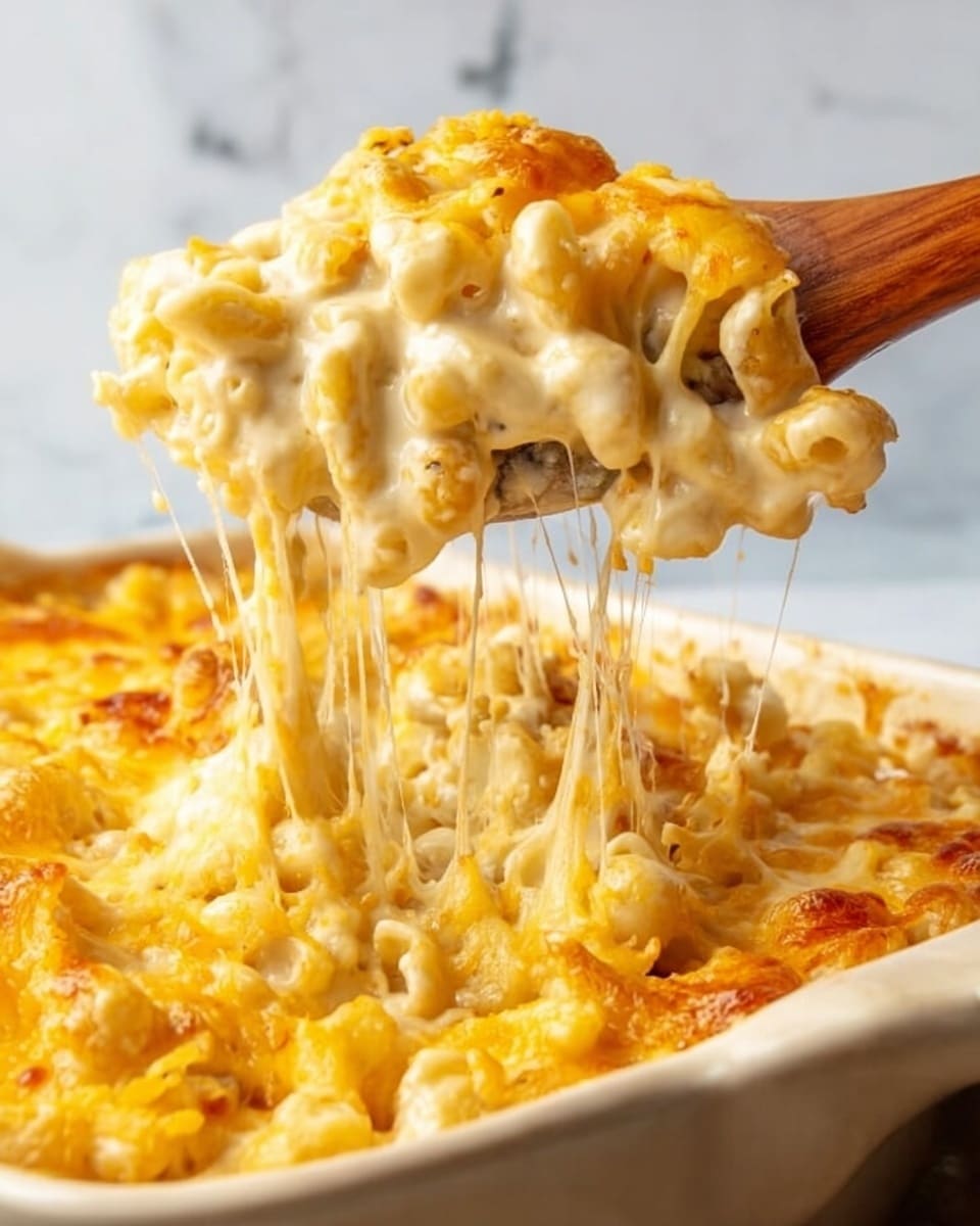 A close-up view showing a large scoop of creamy macaroni and cheese being lifted from a white baking dish, the dish filled with three layers: the bottom layer of small elbow macaroni in a smooth white cheese sauce, the middle layer of gooey melted cheese stretching in long strands as the scoop rises, and the top layer of melted golden yellow cheddar cheese that is bubbly and slightly browned. The background is a white marbled texture, and a woman's hand is holding the wooden spoon lifting the pasta. Photo taken with an iphone --ar 4:5 --v 7