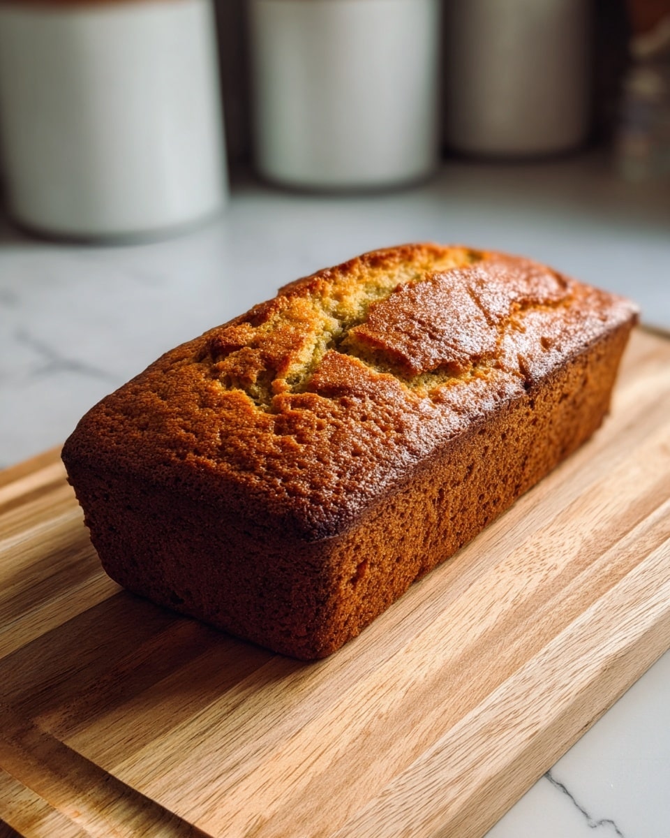 A golden brown loaf cake with a cracked top, showing a textured, crumbly surface, sits on a wooden cutting board with visible light wood grain. The cake's sides are a darker brown, indicating a firm crust. The background features a white marbled surface and blurred white container shapes, giving a clean kitchen look. photo taken with an iphone --ar 4:5 --v 7
