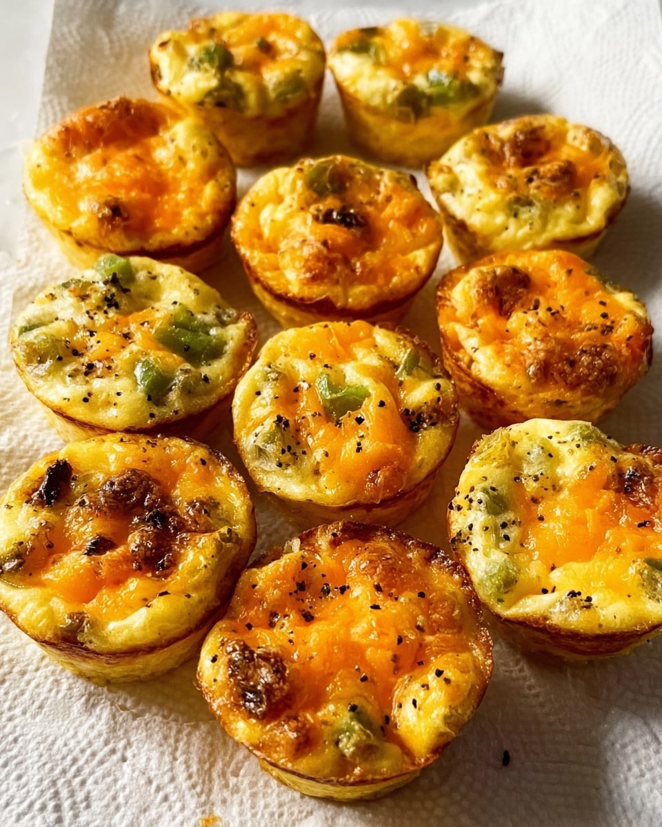 The image shows twelve small, round egg muffins arranged closely together on a white textured paper towel above a white marbled surface. Each muffin has a fluffy, slightly uneven top with visible bits of green peppers, orange pieces, and melted yellow cheese. The muffins have a golden brown crust at the edges, with some black pepper sprinkled on top, giving a slightly speckled look. The texture looks soft and moist inside, with a slightly crispy outer edge. The lighting highlights the warm tones of the muffins and their varied colors. photo taken with an iphone --ar 4:5 --v 7