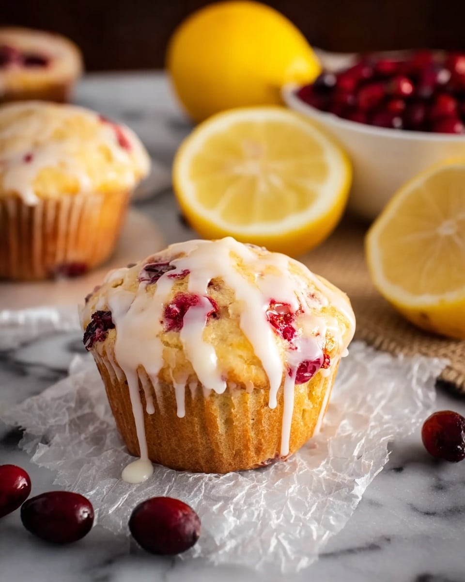 A berry muffin covered with white icing that drips down its sides, showing red berry pieces inside the muffin's light golden-brown texture. Next to the muffin are a few dark red berries scattered on crinkled translucent paper. Behind this, two lemon halves with bright yellow flesh sit side by side. In the background, another muffin with similar icing is visible along with a bowl filled with red berries, all placed on a white marbled surface. photo taken with an iphone --ar 4:5 --v 7