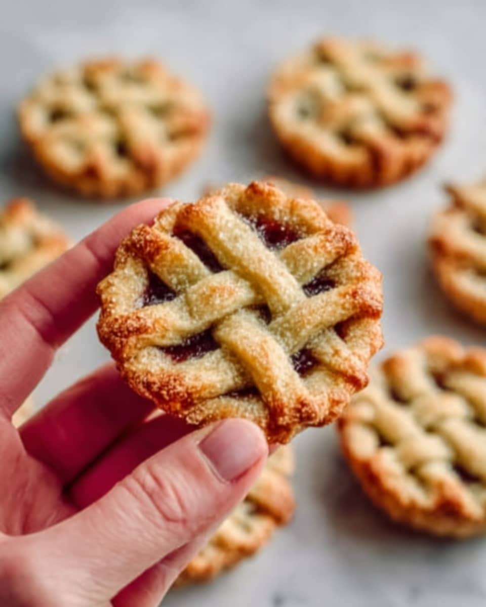 The image shows a close-up of a woman's hand holding a small round fruit pie with a golden-brown lattice crust on top. The pie has a layered look with a shiny baked crust, visible through the crisscross pattern, showing dark red fruit filling inside. In the background, several similar small pies are placed on a white marbled surface, all with the same golden lattice tops and textured edges. Photo taken with an iphone --ar 4:5 --v 7