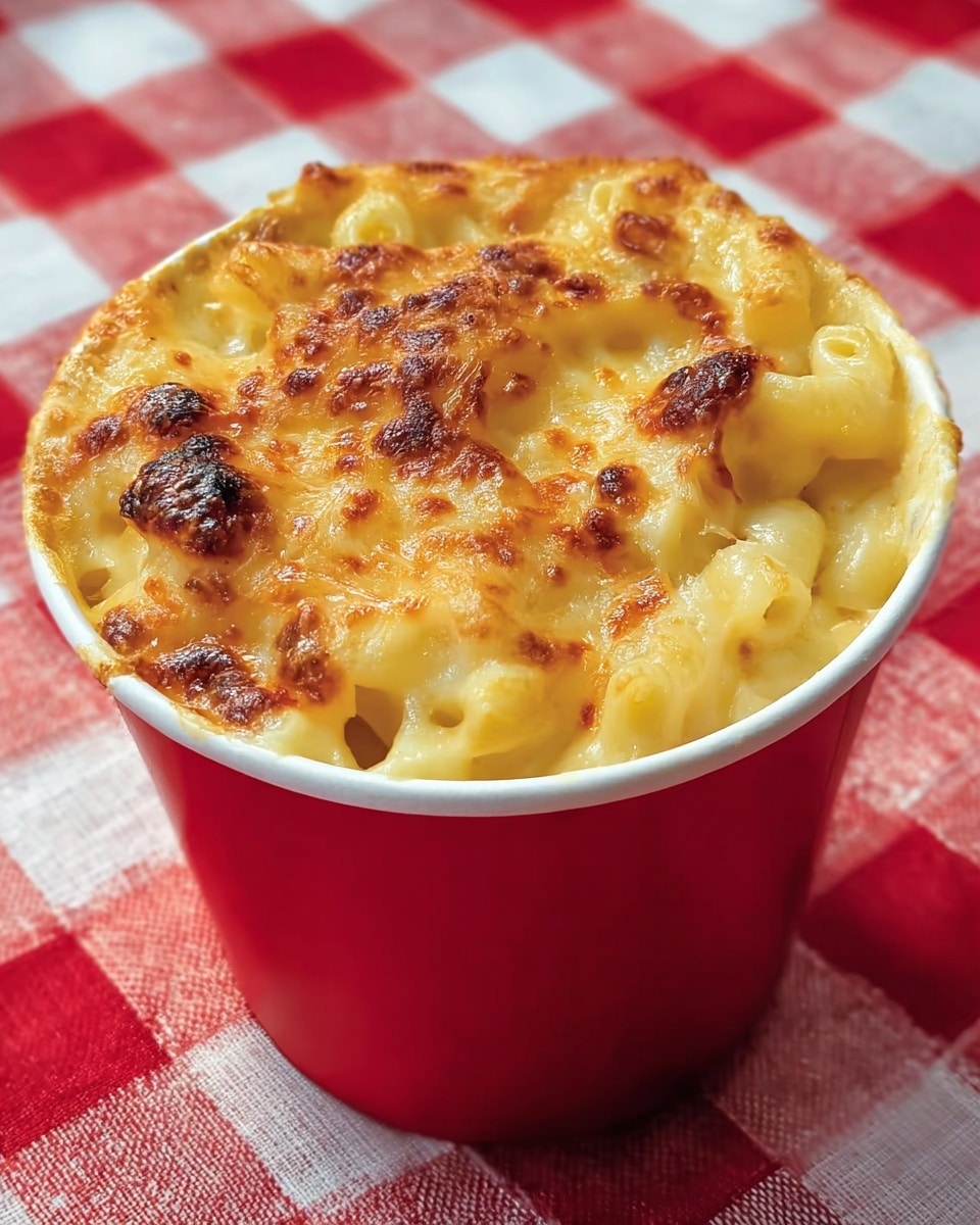 A single red paper cup filled with creamy macaroni and cheese, showing one visible layer of soft, curved macaroni pasta covered with a thick, bright yellow cheese sauce. The top of the dish is golden-brown and bubbly, with some browned spots indicating it was baked or broiled. The cup sits on a red and white checkered tablecloth. photo taken with an iphone --ar 4:5 --v 7