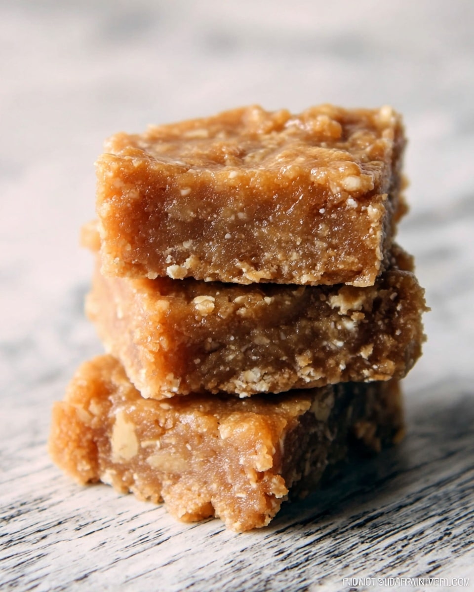 A close-up view of two soft, square bars stacked on top of each other, showing a chewy texture with a mix of light brown and golden colors with visible oat pieces throughout. The top bar has a slightly glossy surface, and the bottom bar shows a bit of crumbly base. Both bars rest on a wooden surface replaced by a white marbled texture in the background. Photo taken with an iphone --ar 4:5 --v 7