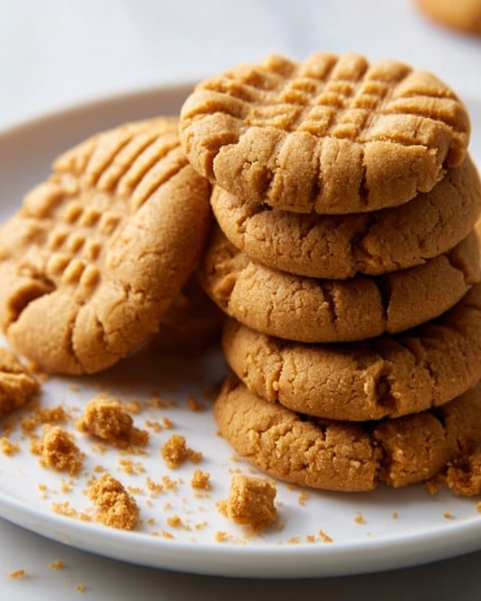 A white plate filled with several golden-brown peanut butter cookies stacked randomly, each cookie showing a fork pattern pressed on top with visible cracks and a soft texture, with a few cookie crumbs scattered around the plate. The background is a white marbled surface. photo taken with an iphone --ar 4:5 --v 7