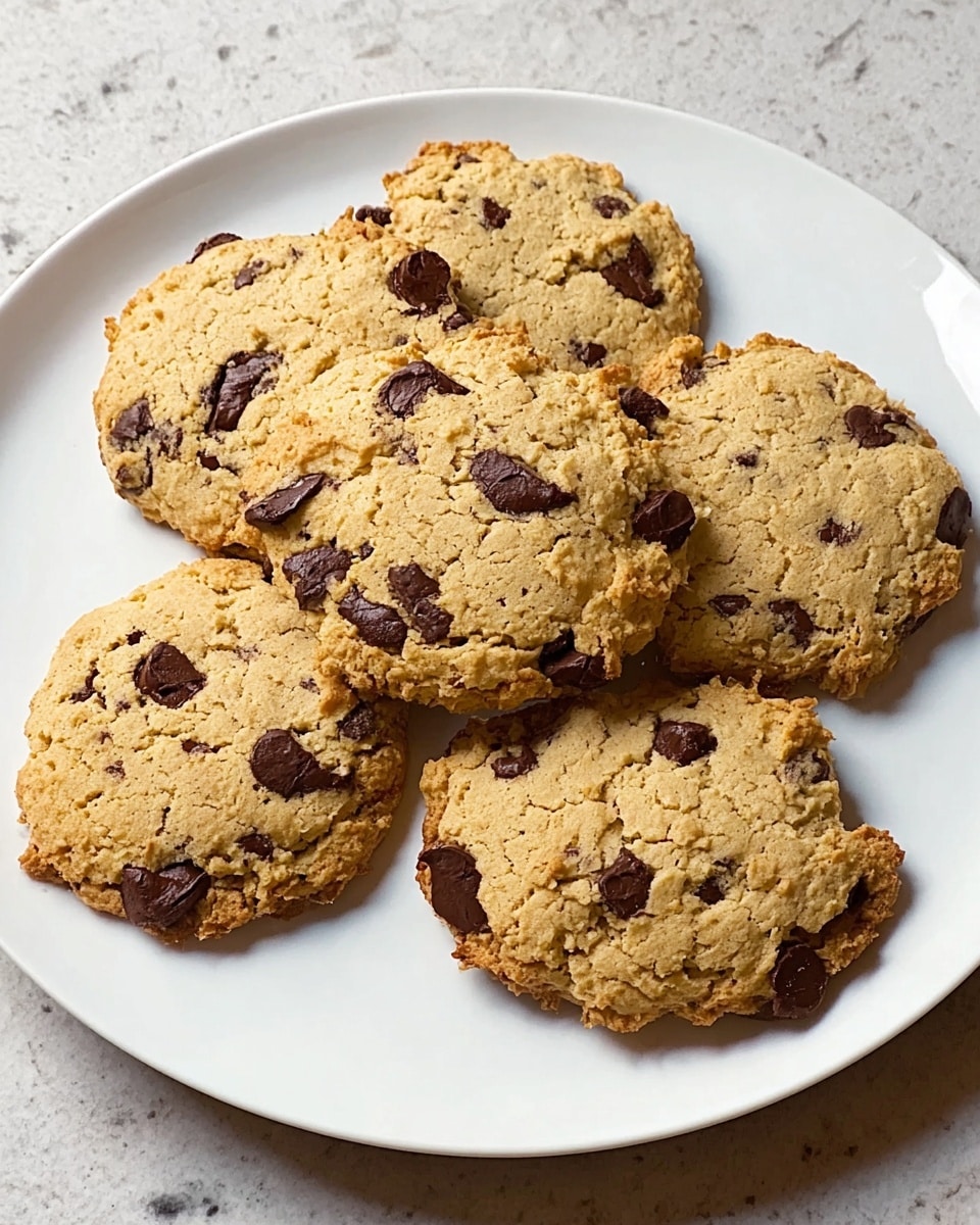 Five chocolate chip cookies with rough, slightly crumbly light brown tops are placed closely on a large white plate. The cookies show scattered dark brown chocolate chips unevenly spread on their uneven surfaces. The plate sits on a white marbled textured surface. Photo taken with an iphone --ar 4:5 --v 7