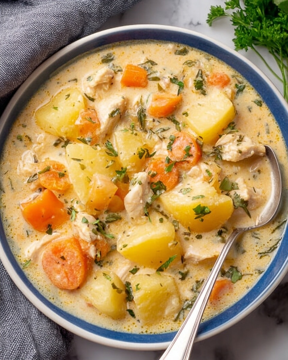 A close-up view of a thick stew served in a white plate with a blue rim, filled with soft chunks of yellow potatoes, orange carrot slices, and small pieces of white chicken, all mixed in a creamy, pale beige sauce scattered with green herbs. A shiny silver spoon rests inside the plate on the right side, partly dipped into the stew. The dish is placed on a white marbled surface, with a gray cloth visible in the top left corner and a bit of fresh green parsley in the bottom right corner. photo taken with an iphone --ar 4:5 --v 7