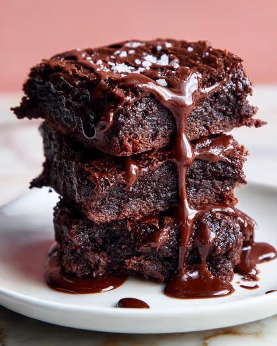 A stack of three thick, rich chocolate brownies sits on a white plate, each brownie layer dense and fudgy with a dark brown color and slightly crumbly edges. The top brownie is drizzled with glossy, smooth chocolate sauce that flows down the sides of the stack, pooling slightly on the white plate. Small white flakes, likely sea salt, are sprinkled on top, adding texture and contrast. The plate rests on a white marbled surface with a soft pink background out of focus, creating a warm and inviting look. Photo taken with an iphone --ar 4:5 --v 7