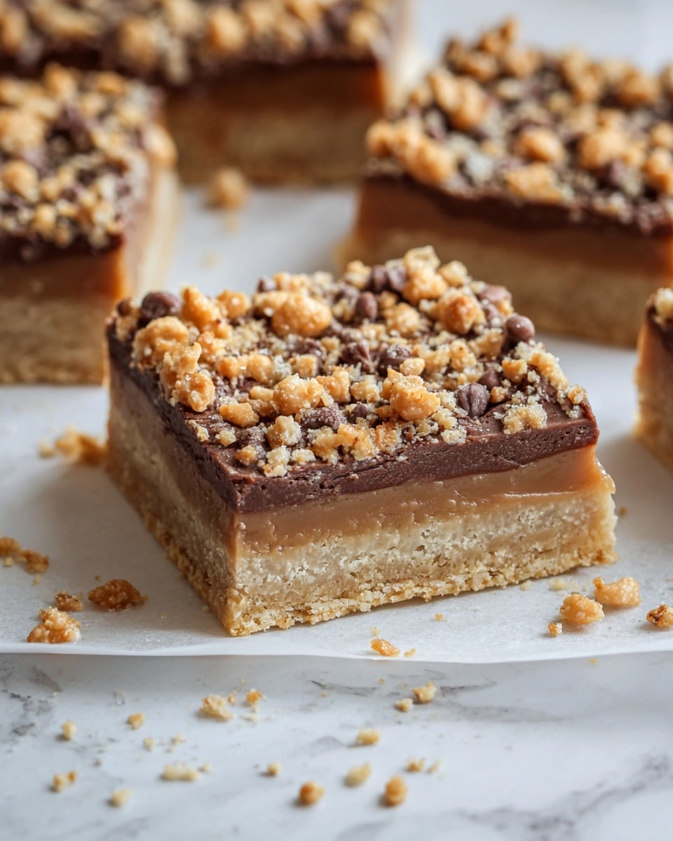 This image shows a close-up of a square dessert bar with three clear layers. The bottom layer is light beige and crumbly, forming a solid base. The middle layer is a smooth, darker brown filling. The top layer is a mix of small crunchy pieces in tan and chocolate brown colors, scattered unevenly, giving a textured look. The dessert bars are placed on white parchment paper over a white marbled surface, with some crumbs around. Photo taken with an iphone --ar 4:5 --v 7
