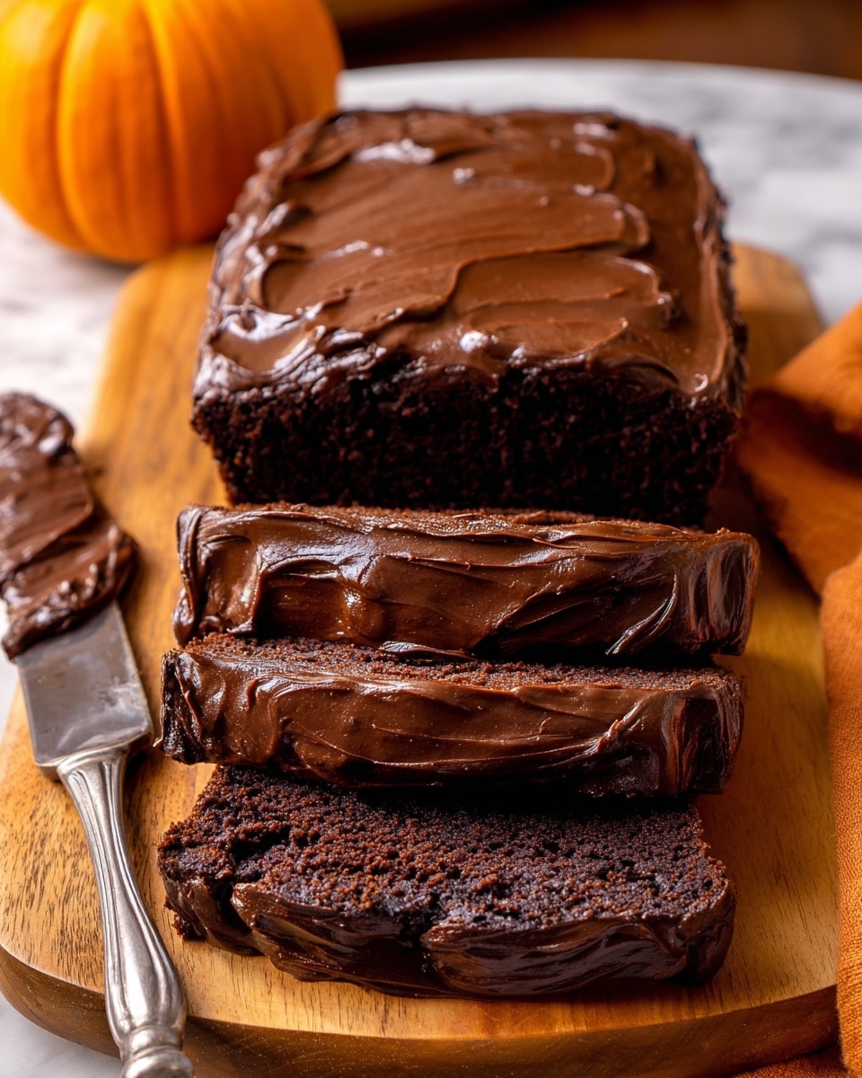 The image shows a rectangular chocolate cake with three thick, moist layers covered in smooth, glossy dark chocolate frosting. The cake is sliced into pieces, revealing a rich, dense texture inside each dark brown layer. The top and sides of the cake have evenly spread chocolate frosting with a slightly textured, creamy appearance. The cake is placed on a round wooden board, with a butter knife next to it spreading some frosting. In the background, there is a small orange pumpkin and a bowl on a white marbled surface. photo taken with an iphone --ar 4:5 --v 7