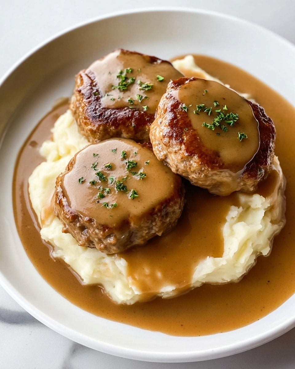 The image shows a white plate with a base layer of creamy mashed potatoes, smooth and pale yellow in color, spread evenly in three separate mounds. On top of each mound is a thick, browned meat patty with a seared crust, juicy and textured. A rich brown gravy is generously poured over the mashed potatoes and patties, pooling slightly on the plate's edge. Each patty is garnished with small, finely chopped green herbs that add a fresh pop of color. The plate is set against a white marbled texture background, creating a clean and simple look. Photo taken with an iphone --ar 4:5 --v 7