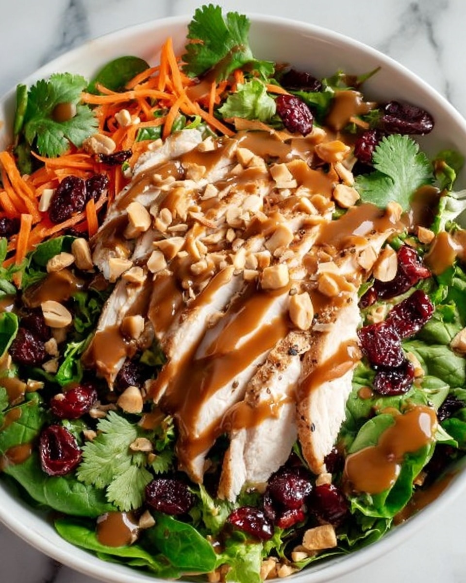 The image shows a close-up of a fresh salad in a white bowl, set on a white marbled surface. The salad layers start with a base of bright green leafy spinach and mixed greens, topped with thin orange carrot ribbons and small pieces of purple cabbage. On top of the greens, there are slices of cooked chicken breast, light beige in color with a tender texture. The chicken is generously sprinkled with red dried cranberries, golden toasted peanuts, and small white sesame seeds. The salad is drizzled with a rich brown sauce, adding shine and moisture. Some fresh green cilantro leaves are scattered over the top, adding a fresh touch. photo taken with an iphone --ar 4:5 --v 7