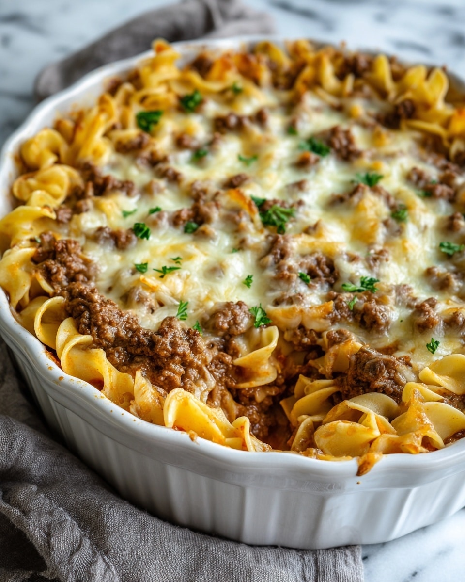 The image shows a close-up view of a baked pasta casserole in a white, round ceramic dish. The dish has multiple layers, starting with wide egg noodles at the bottom, light yellow in color and soft in texture. On top of the noodles, there is a layer of browned ground beef, rich brown and crumbly. The top layer is melted cheese, golden and creamy with some toasted spots, covering the beef and noodles unevenly. Small green parsley leaves are sprinkled over the cheese, adding a fresh color contrast. The dish sits on a white marbled surface with a soft, folded gray cloth partially visible beside the dish. Photo taken with an iphone --ar 4:5 --v 7