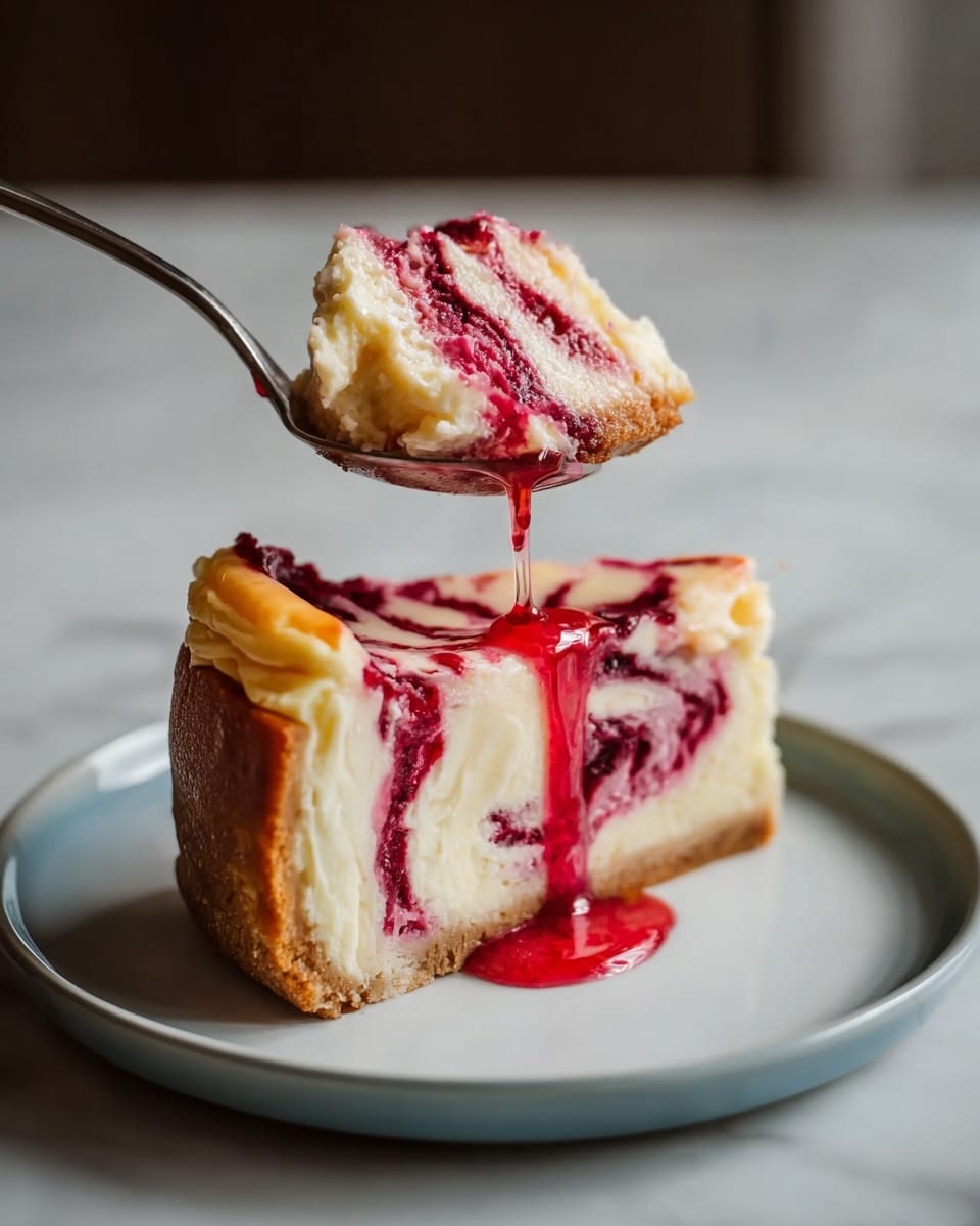 A slice of cheesecake with red berry swirls is placed on a white plate with a blue inside. The cheesecake has three layers: a thick, light brown crust at the bottom, a creamy off-white layer in the middle, and red berry swirls mixed into the top and middle, creating a marbled effect. A spoon lifts a piece of the cheesecake, showing the same layers, with red berry syrup dripping down from the spoon. The background and surface have a white marbled texture, highlighting the dessert in soft light. Photo taken with an iphone --ar 4:5 --v 7