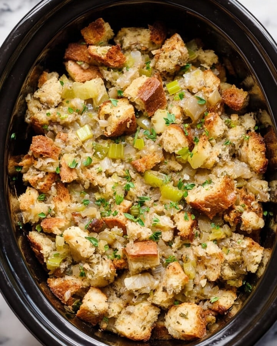 The image shows a close-up of a white bowl filled with a mixture that looks like stuffing or dressing. The dish has one main layer made up of small, uneven pieces of toasted bread in golden brown and light tan colors, mixed with chopped celery and onion bits that add green and white hues. There are also light brown gravy drizzles spread throughout, making parts look shiny and moist. Small green herbs are sprinkled on top, adding a fresh touch. The bowl sits on a white marbled surface. photo taken with an iphone --ar 4:5 --v 7