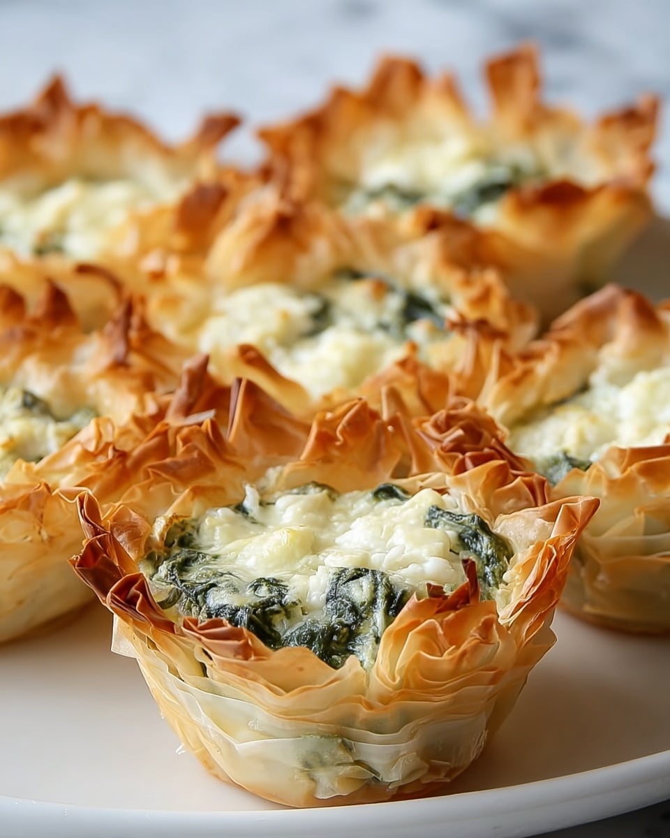 The image shows several small, round pastry cups arranged closely on a white plate with a white marbled surface underneath. Each cup has about three to four flaky, golden-brown layers of crisp phyllo dough forming the shell, with uneven, wavy edges that are slightly browned and crisp. Inside each pastry cup is a creamy mixture of melted cheese and cooked spinach, with a smooth texture and a mix of pale yellow from the cheese and dark green from the spinach, slightly browned in spots on top. The pastries are placed in a casual cluster, filling the frame with a soft focus on the background. Photo taken with an iphone --ar 4:5 --v 7