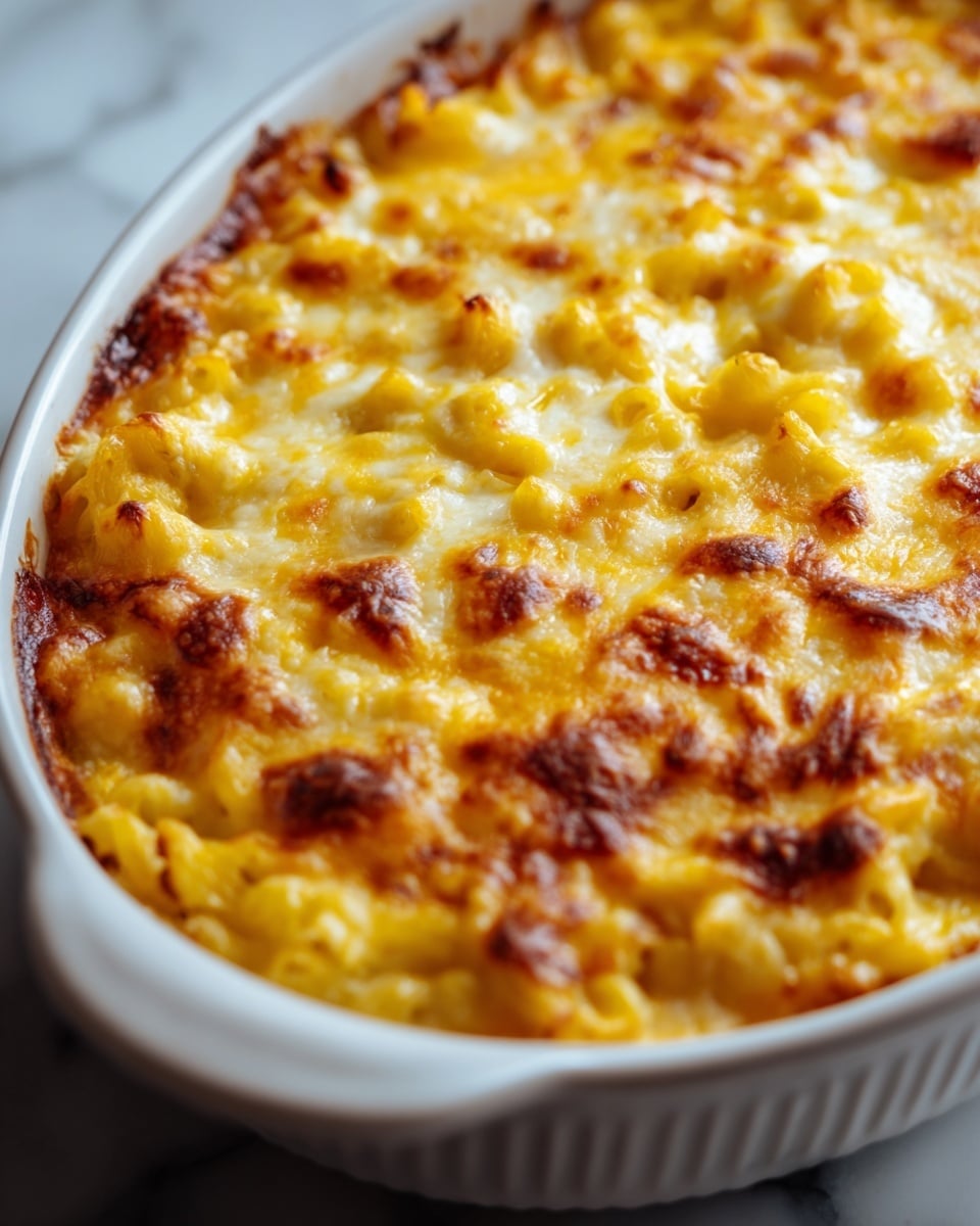 A close-up of a baked macaroni and cheese dish in a white ceramic baking dish, showing a thick top layer of melted, golden-brown cheese with some spots slightly darker from baking. The cheese is smooth and bubbly with a shiny texture, covering creamy macaroni underneath, and the edges of the dish show some browned, crispy cheese crust. The background is a white marbled surface. Photo taken with an iphone --ar 4:5 --v 7