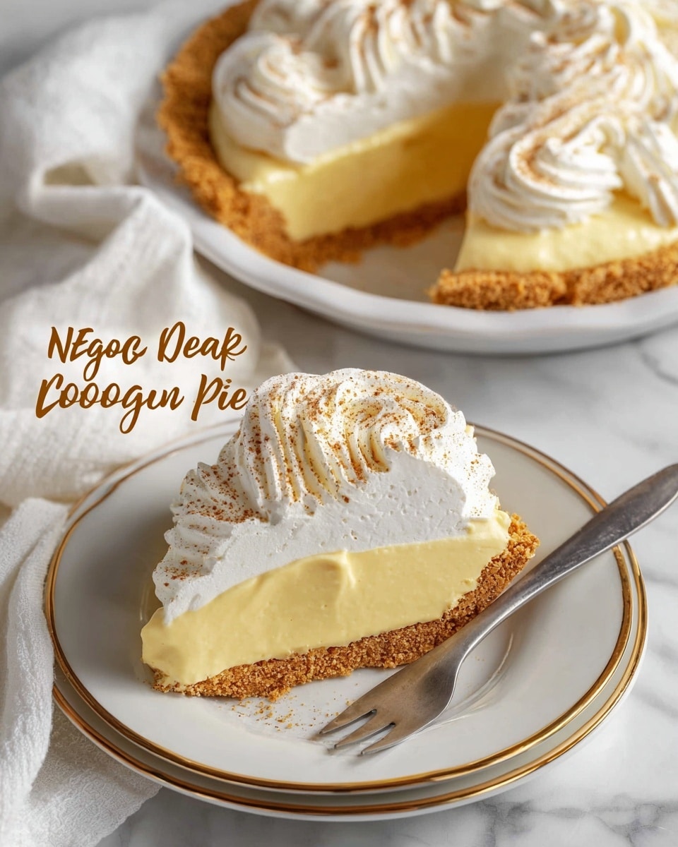 A white plate holds a slice of no-bake eggnog cream pie, showing three layers: a golden brown crumb crust at the bottom, a smooth pale yellow creamy pie filling in the middle, and a thick, swirled white whipped cream topping dusted lightly with cinnamon powder. A silver fork rests beside the slice on the plate. In the background, another slice on a white plate with a gold rim and a matching fork is set on a white marbled surface. A full pie with the same layers is partly visible on a white plate. The scene is softly lit, focusing closely on the pie’s textures and colors. Photo taken with an iphone --ar 4:5 --v 7