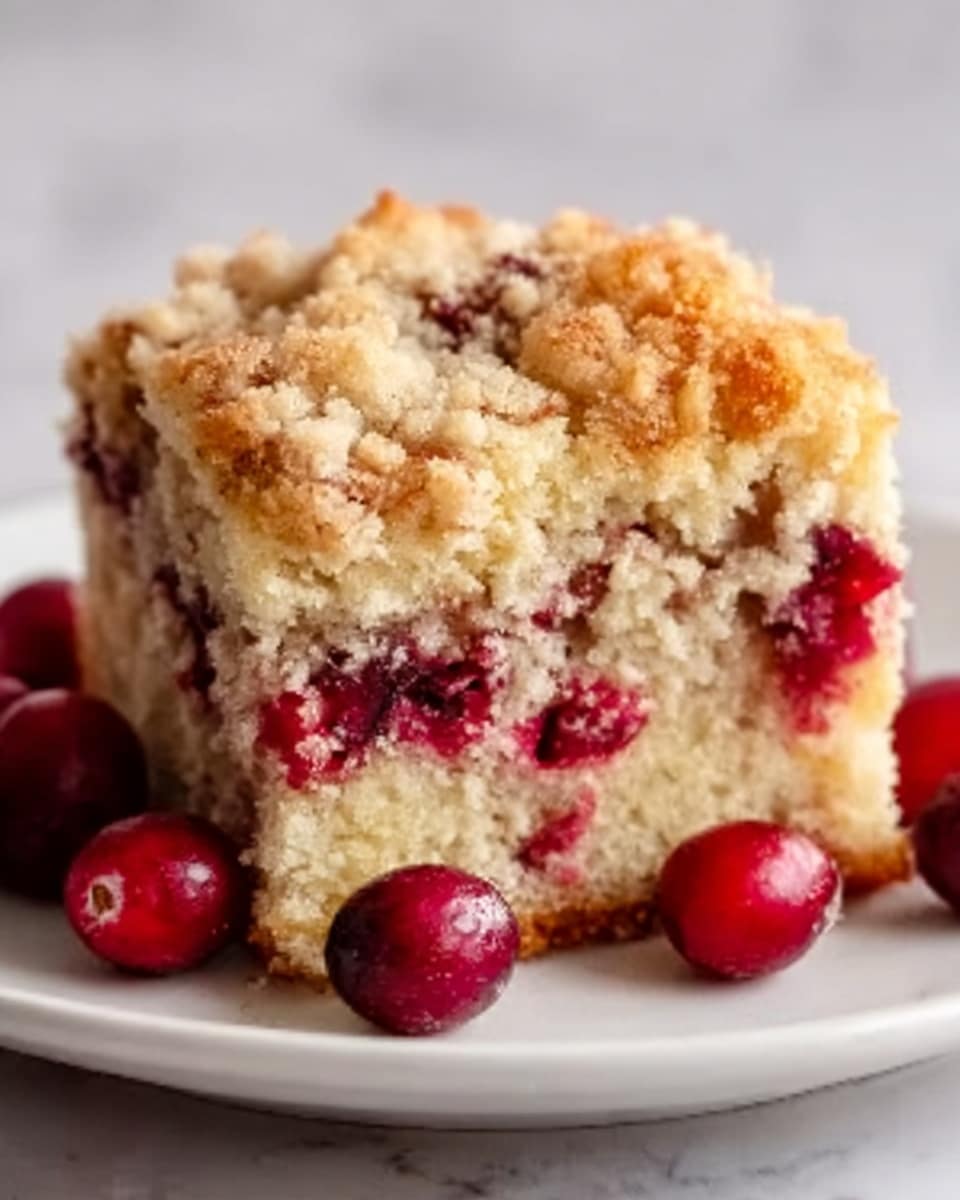 A close-up of a square piece of crumb cake on a white surface with scattered red cranberries around it. The cake has three layers: a golden brown crumb topping with a crumbly texture, a creamy light beige middle layer filled with scattered red cranberries, and a dense soft brown bottom crust. The crumb topping looks crunchy with irregular pieces, while the middle layer looks moist and slightly spongy with juicy cranberry bits inside. The bottom crust is firm and compact, providing a sturdy base. The image has warm natural light highlighting the textures. photo taken with an iphone --ar 4:5 --v 7