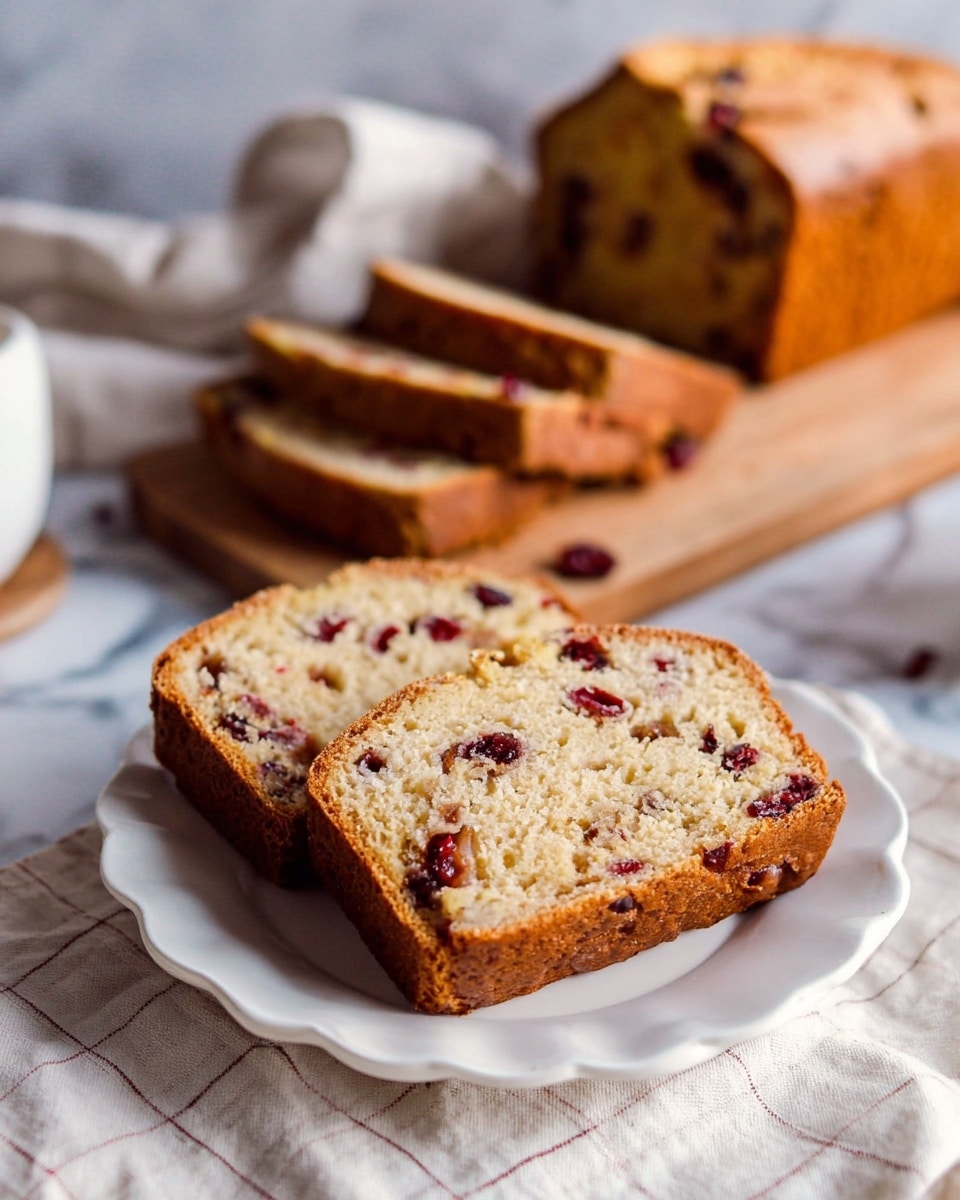 Two slices of golden brown cake with dark red berry pieces inside are stacked slightly unevenly on a small white scalloped plate at the front. Behind them, a loaf of the same cake sits on a wooden board with two more slices leaning against it, showing the soft, moist texture and scattered berries inside. The scene is set on a white marbled surface with a cloth and blurred white cups in the background. The lighting highlights the cake's crumbly texture and warm color. photo taken with an iphone --ar 4:5 --v 7