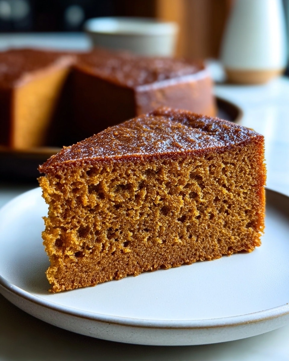 The image shows a close-up of a single slice of moist brown cake with a slightly rough texture, sitting on a white plate. The cake has a dense crumb with small holes throughout, and the top surface is flat with a slightly darker crust. The slice is positioned at an angle, letting you see the side and a bit of the top. The background is softly blurred with hints of green and other muted colors, and the plate rests on a white marbled surface. Photo taken with an iphone --ar 4:5 --v 7