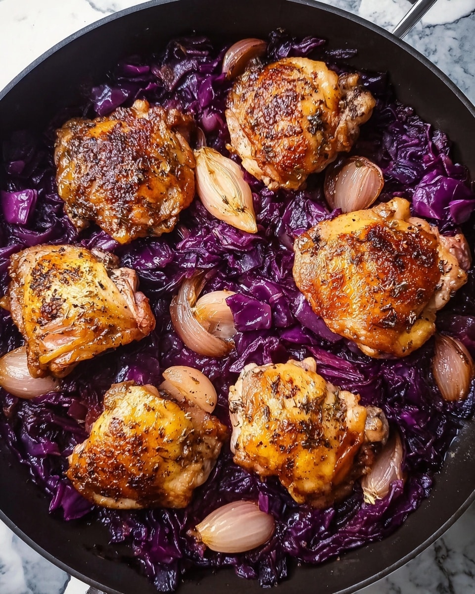 The image shows a black pan filled with five pieces of cooked chicken thighs placed evenly on top. The chicken has a golden-brown, slightly crispy skin with seasoning visible. Underneath and between the chicken pieces are layers of cooked purple cabbage, which looks soft and slightly wilted, with a deep, rich purple color. Scattered around are light brown, caramelized shallots cut in halves, adding texture and color contrast to the dish. The pan is set on a white marbled surface. Photo taken with an iphone --ar 4:5 --v 7