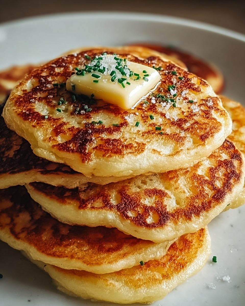 A stack of about five golden brown pancakes with crispy edges sits on a white plate on a white marbled texture. The pancakes have unevenly browned surfaces showing light and darker spots, with a soft and slightly shiny texture beneath the crust. The top pancake is garnished with a small square of melting butter with a few small green herb pieces sprinkled over it, along with flakes of coarse salt. Photo taken with an iphone --ar 4:5 --v 7