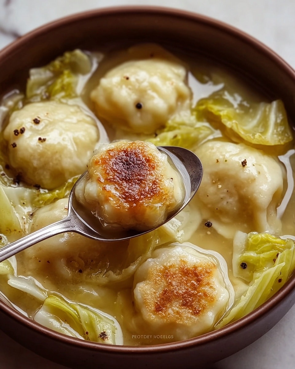 The image shows a close-up of dumplings in a broth, placed inside a brown bowl with a white inside. There are about five soft, creamy white dumplings with a slightly shiny and smooth surface, some showing a light golden-brown crispy top layer. Around the dumplings, there are several wilted light green cabbage leaves adding texture. The broth appears clear and light yellow with small black pepper pieces scattered on the surface. A spoon in the foreground holds one dumpling with a browned top, reflecting light. The whole scene is set against a white marbled texture surface. Photo taken with an iphone --ar 4:5 --v 7