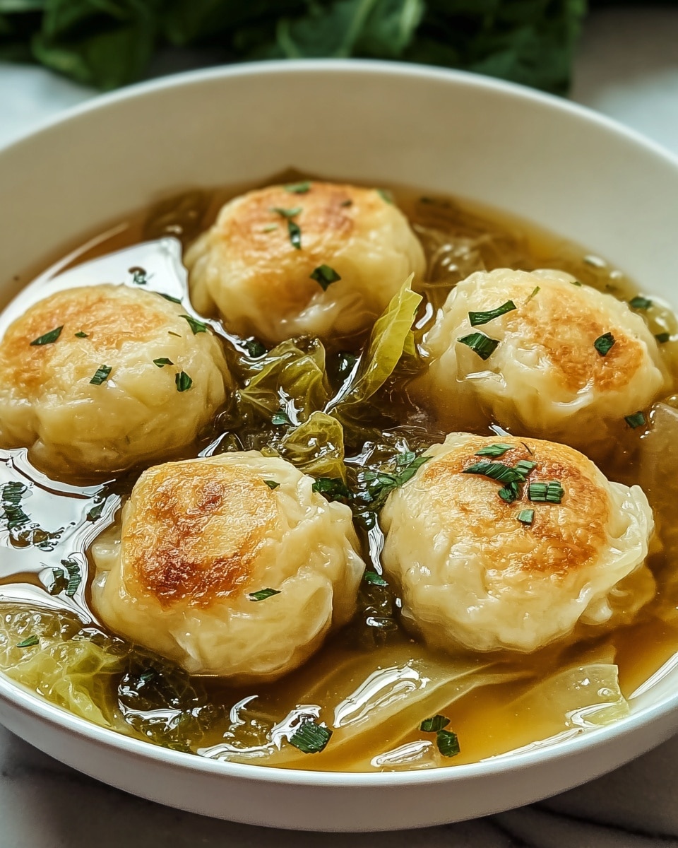 A white bowl holds six round golden brown dumplings with a slightly crispy top layer, floating in a clear light brown broth. Around the dumplings are soft, translucent cabbage leaves submerged in the broth. Small chopped green herbs are sprinkled on the dumplings and around them, adding a fresh contrast. The bowl is set on a white marbled surface with green leaves blurred in the background. photo taken with an iphone --ar 4:5 --v 7