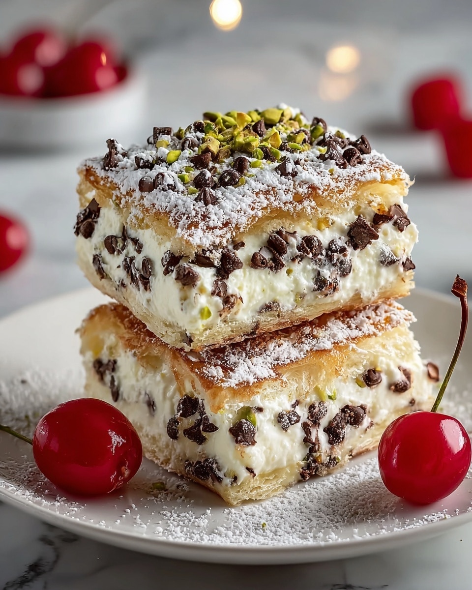 Two square layers of dessert are stacked in the center of a white plate on a white marbled surface. Each piece has a golden-brown, flaky top and bottom crust sprinkled with powdered sugar and chopped green pistachios. Between the crusts is a thick, creamy layer filled with many dark chocolate chips. Two bright red cherries with stems lie on the plate next to the dessert. The background is softly blurred with warm, yellow lights. photo taken with an iphone --ar 4:5 --v 7