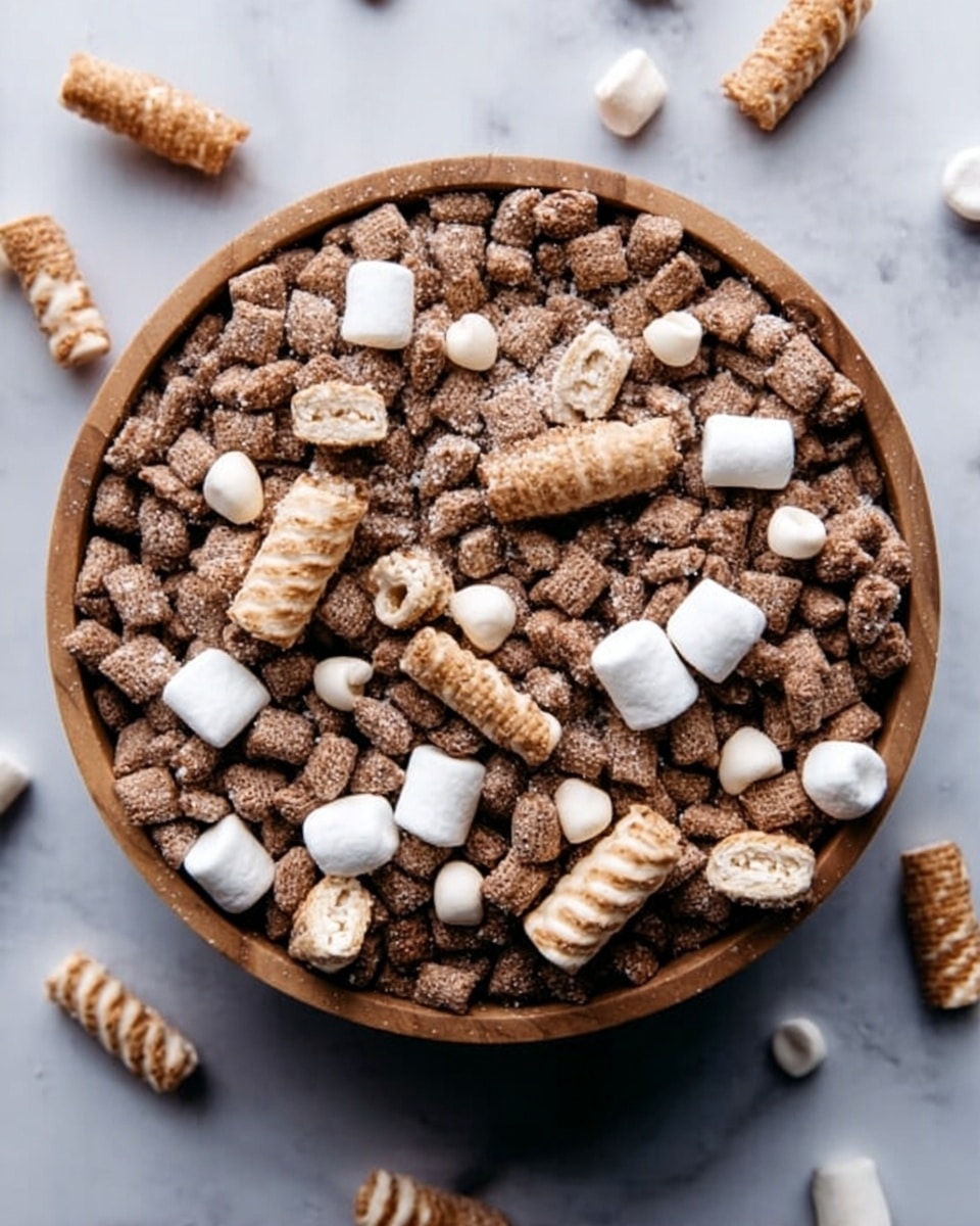 A top view of a wooden bowl filled with many layers of small brown cereal pillows, creating a textured base layer. On top of the cereal are scattered small white marshmallows and cream-filled wafer rolls that are light brown with dark stripes, adding contrast and texture. Some marshmallows and wafer rolls rest on the bowl's edge, with a few scattered on the white marbled surface around it. The overall look is a mix of rough and smooth textures, with shades of brown and white. Photo taken with an iphone --ar 4:5 --v 7