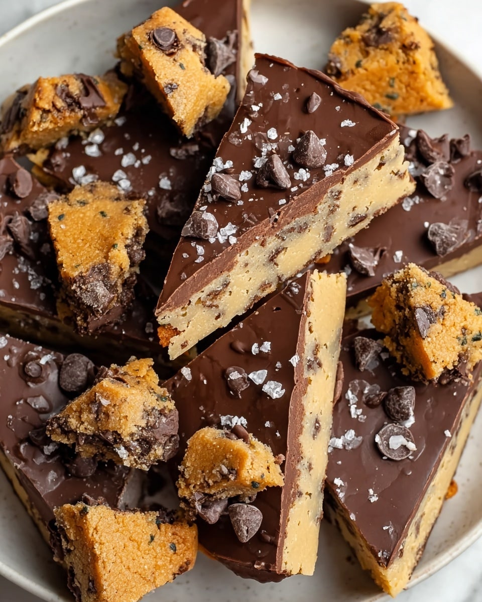 The image shows large triangular chocolate-covered bars with a smooth and shiny dark chocolate layer on top, giving them a rich and glossy look. Underneath the chocolate layer, there is a thicker, light golden cookie base that looks crunchy with visible chocolate chips embedded in it. Surrounding the bars, there are pieces of broken cookie dough pieces with melted chocolate chips scattered around, and a light sprinkle of coarse salt is visible over both the bars and the cookie pieces. All items are placed on a white marbled surface, creating a clean and bright background. Photo taken with an iphone --ar 4:5 --v 7