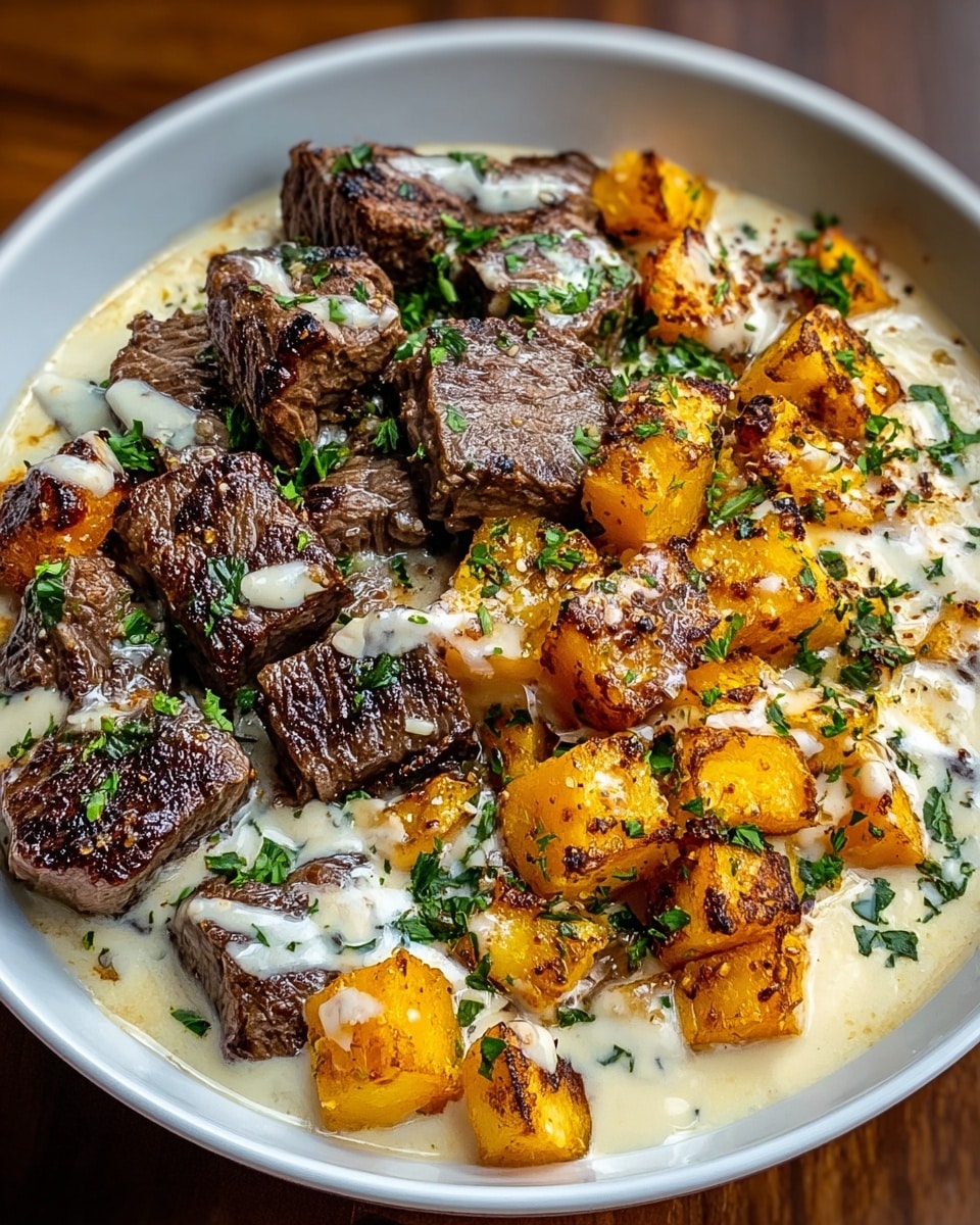 The dish shows a deep white bowl filled with three main layers: the bottom layer is a smooth, light cream sauce covering the base, the middle layer consists of large golden-orange roasted cubes that look soft and slightly caramelized on the edges, and the top layer has dark brown grilled beef cubes with a lightly charred surface, drizzled with more of the cream sauce and sprinkled with fresh chopped green herbs. The overall look is rich, warm, and hearty on a white marbled texture. photo taken with an iphone --ar 4:5 --v 7
