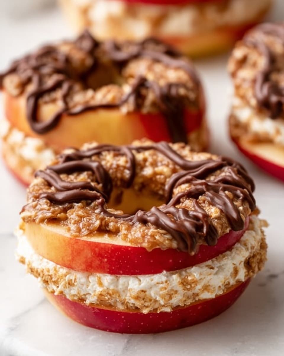 The image shows three ring-shaped snacks placed on a white marbled surface, each with three distinct layers. The bottom layer is a thick, solid red slice that looks like fruit, possibly an apple. Above this is a light brown, crumbly layer that appears nutty or oat-based, textured but firm. The top layer is a dark chocolate drizzle spread unevenly across the nutty layer, giving a glossy contrast. The rings are arranged with one in the front in clear focus and two blurred behind it. Photo taken with an iphone --ar 4:5 --v 7