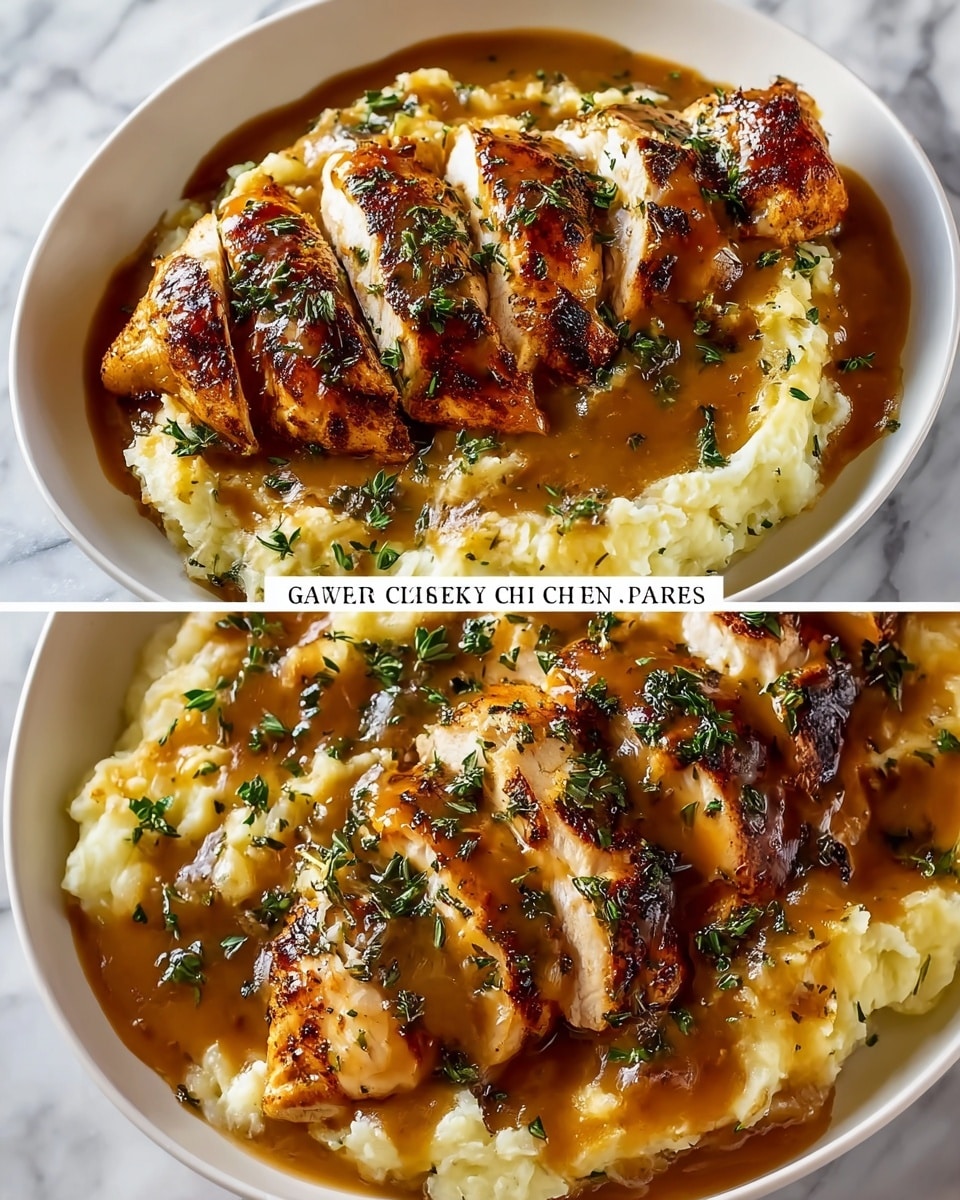 A white bowl holds a dish made of three thick slices of browned chicken breast laid in a row on top of a bed of creamy mashed potatoes. The mashed potatoes form the base layer, soft with a light yellow color and some visible cheese texture. Covering the mashed potatoes is a glossy, rich brown garlic gravy with visible bits of herbs and onions that blend into the chicken’s surface. Fresh green herbs, likely parsley or thyme, are sprinkled generously across the chicken and gravy, adding a fresh contrast. The lighting highlights the smooth texture of the gravy and the slight char on the chicken skin, all set on a white marbled texture background. Photo taken with an iphone --ar 4:5 --v 7
