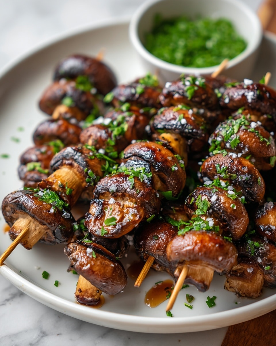 The image shows several skewers of grilled mushrooms stacked on a large white plate with a glossy look from a dark glaze or sauce, sprinkled with chopped green herbs and coarse salt. The mushrooms are cooked evenly, showing grill marks and a mix of light and dark brown colors. The skewers are wooden and placed close together, with some mushrooms overlapping. In the upper right background, a white bowl with more chopped green herbs sits on a white marbled surface. The lighting highlights the shiny texture of the mushrooms and sauce, creating an appetizing and fresh scene. photo taken with an iphone --ar 4:5 --v 7