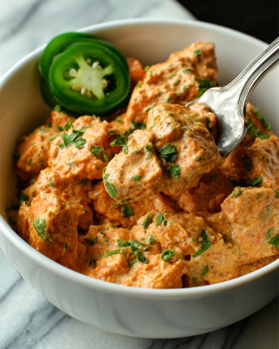 The image shows a close-up of a white bowl filled with creamy, chunky dip that has an orange color with green herb bits mixed in. On top, there is a bright green sliced jalapeño pepper adding a fresh, crisp detail. A spoon is sticking into the dip, lifting a scoop with visible texture and small chunks. The bowl is placed on a white marbled surface, and the lighting highlights the dip's smooth but slightly rough texture. Photo taken with an iphone --ar 4:5 --v 7
