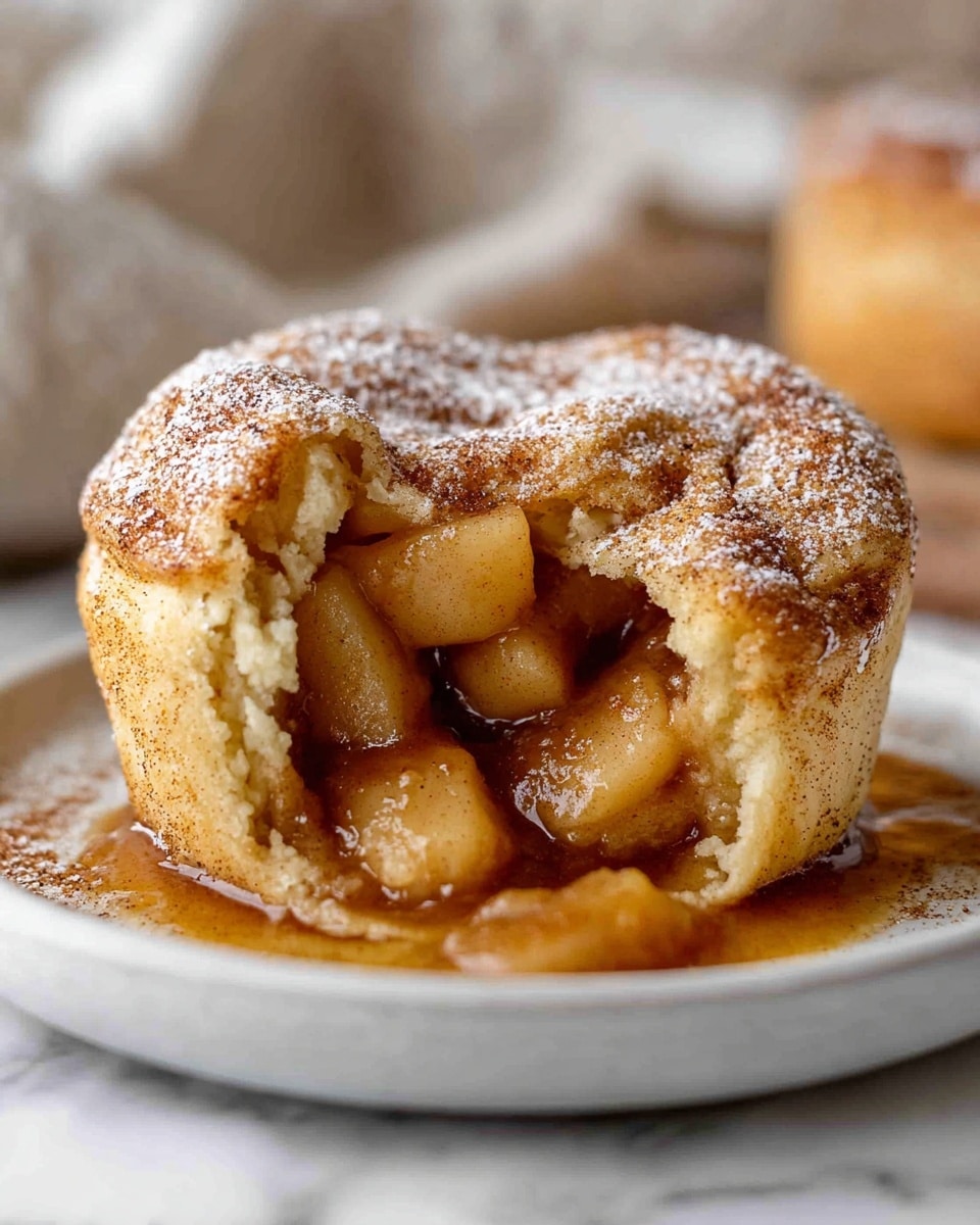 A close-up image shows a soft, golden-brown baked dessert with a cracked top revealing a warm filling of thick, brown apple pieces and sauce oozing out. The outer crust is light tan and dusted with powdery white sugar and a sprinkle of cinnamon, giving it a textured, cozy look. The dessert rests on a simple white plate, placed on a surface with a white marbled texture, and there is a blurred background with light-colored elements. photo taken with an iphone --ar 4:5 --v 7