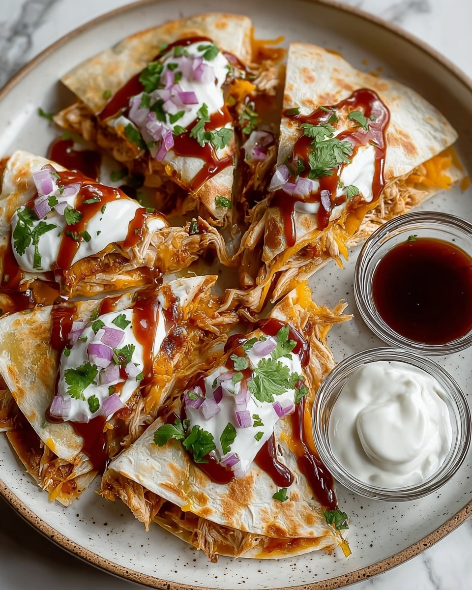 A white plate holds a stack of six folded quesadilla wedges, each with three visible layers: the outer tortilla layer is light golden brown with some toasted spots, the middle layer is filled with shredded chicken in a rich brown sauce, and the inner layer contains melted yellow cheese. The quesadillas are topped with dollops of white sour cream, dark brown barbecue sauce drizzled over all pieces, and garnished with chopped green parsley and small cubes of purple onion. On the top left of the plate, there are two small clear bowls, one filled with dark brown barbecue sauce and the other with white sour cream. The entire setting is on a white marbled surface. photo taken with an iphone --ar 4:5 --v 7