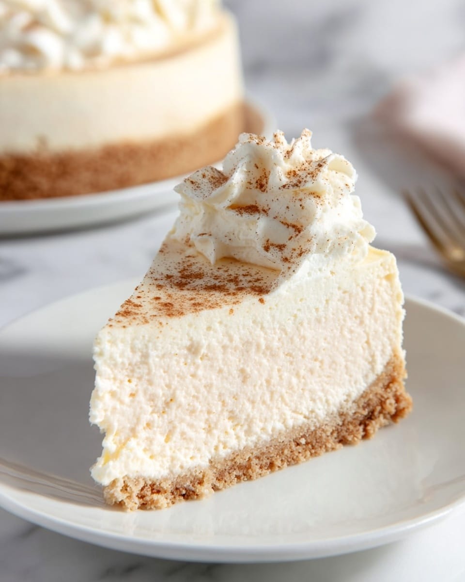 A single slice of creamy cheesecake sits on a white plate, showing three distinct layers: a bottom layer of light brown crumbly crust, a thick middle layer of smooth and pale cream cheese filling, and a top layer of soft, white whipped cream with a light dusting of brown cinnamon powder. The plate is placed on a white marbled surface with soft natural light, and a blurred background reveals a larger whole cheesecake. photo taken with an iphone --ar 4:5 --v 7