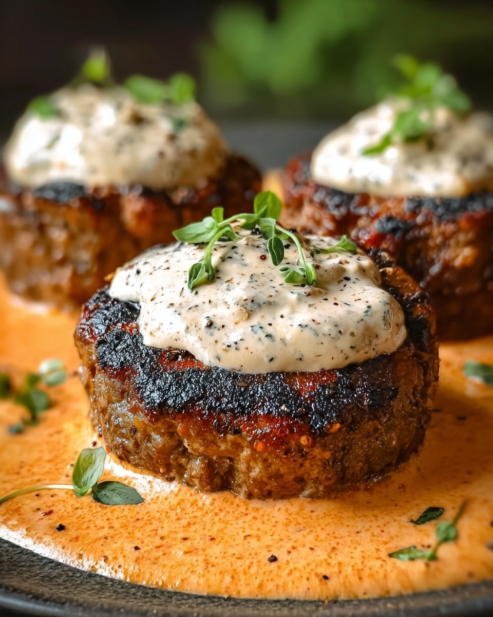 Three thick, round grilled patties with a dark, charred crust sit on a surface covered with a creamy, orange sauce with visible spices. Each patty is topped with a thick dollop of white sauce speckled with black pepper and garnished with small green herb leaves. The background is softly blurred with hints of green herbs, creating a fresh look. The close-up shot highlights the juicy texture and rich colors of the dish. Photo taken with an iphone --ar 4:5 --v 7