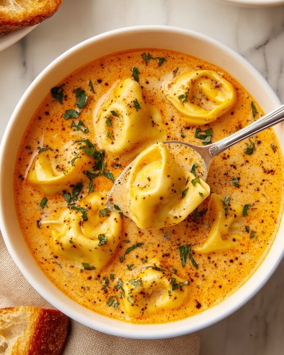A white bowl filled with creamy orange soup with a smooth texture, speckled with black pepper and garnished with chopped dark green parsley scattered on top. Floating in the soup are several pieces of yellow tortellini pasta, each with a soft, folded shape, some partially submerged and others resting on the surface, showing a slightly glossy texture. A silver spoon rests inside the bowl, lifting one tortellini piece, adding a sense of depth. The bowl is placed on a white marbled surface with a beige cloth and part of a toasted golden-brown bread visible on the side. photo taken with an iphone --ar 4:5 --v 7