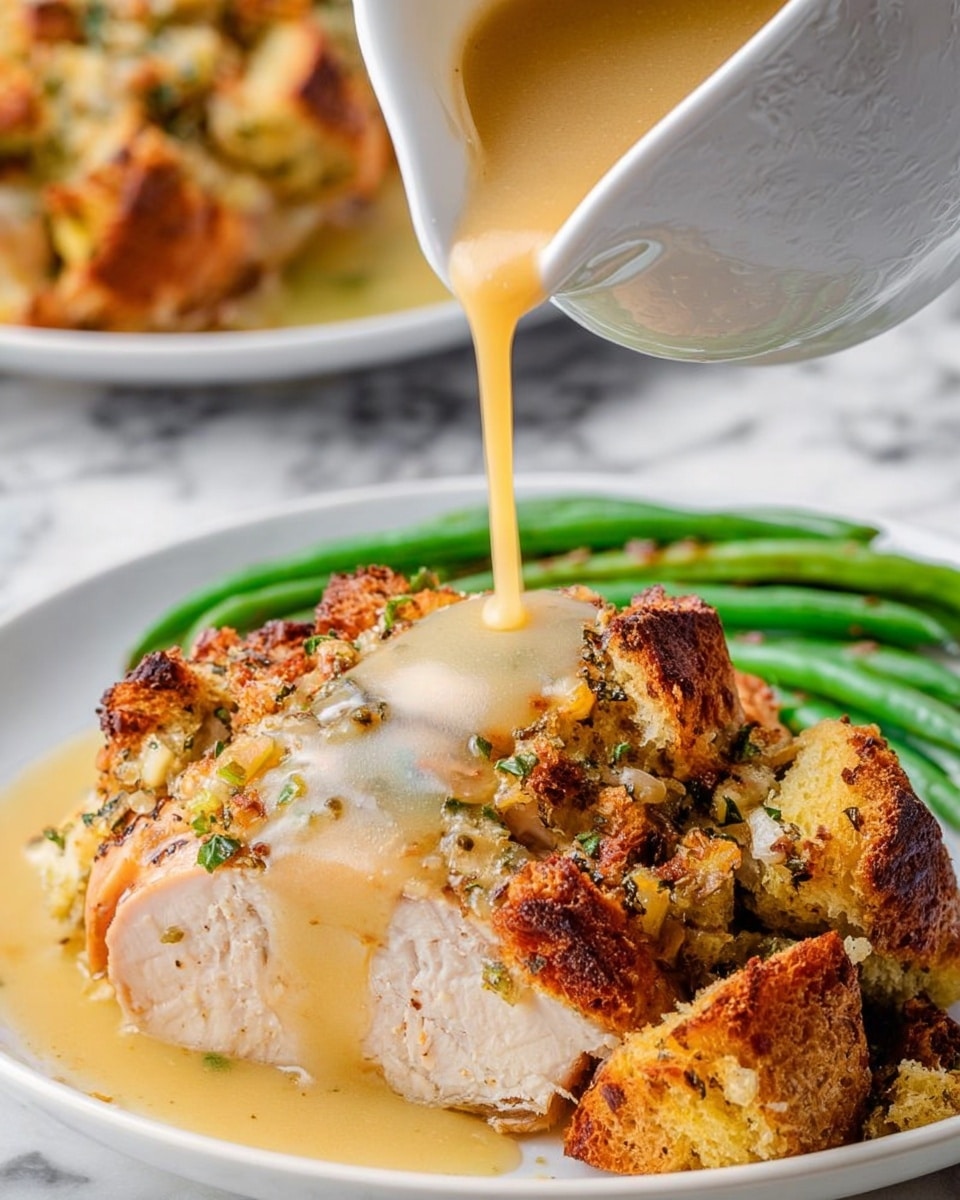 The image shows a white plate with a piece of stuffed chicken breast in the center, covered with golden brown, crispy bread stuffing that has chunks of bread and herbs, with some darker toasted spots. The chicken has a light golden color with some juicy texture visible. Next to the chicken, there are bright green cooked green beans slightly charred. Above the chicken, a white curved bowl is tilted, pouring smooth golden gravy over the stuffing. The background is a white marbled surface with a second plate slightly blurred behind with the same food. photo taken with an iphone --ar 4:5 --v 7
