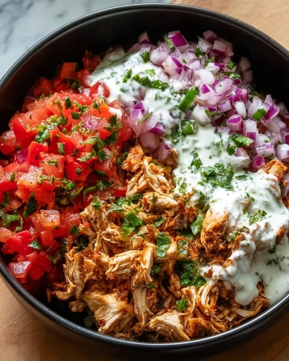 A black bowl holds a colorful dish arranged in three clear sections. On the left side, there is a layer of finely chopped purple-red onions. Next to it, toward the middle, is a layer of bright red diced tomatoes. Covering the right section is a generous amount of shredded, browned chicken, seasoned and cooked to look tender and juicy. Across the middle from left to right, a creamy white sauce with green herbs is drizzled, adding contrast and texture. Small green herb pieces are sprinkled over the chicken and sauce. The bowl sits on a white marbled surface. Photo taken with an iphone --ar 4:5 --v 7