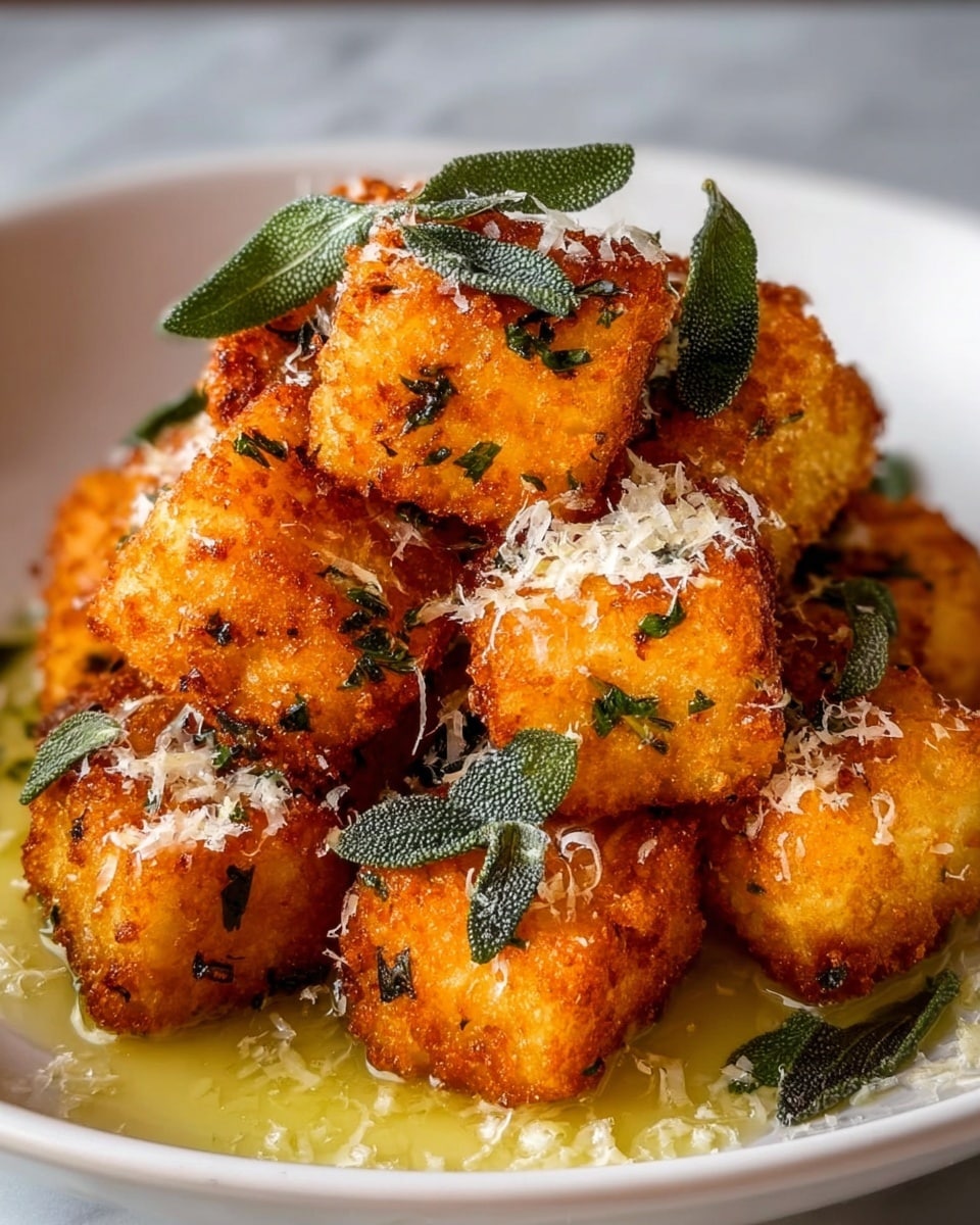 The image shows a pile of golden-brown fried cubes stacked in a white bowl. The cubes have a crispy texture with small green herb bits sprinkled on them, and some crispy green leaves are scattered on top and around the pile. There is a light drizzle of melted butter or sauce pooling at the bottom of the bowl. A fine layer of grated white cheese is sprinkled over the cubes, adding a soft texture contrast. The bowl is placed on a white marbled surface. Photo taken with an iphone --ar 4:5 --v 7